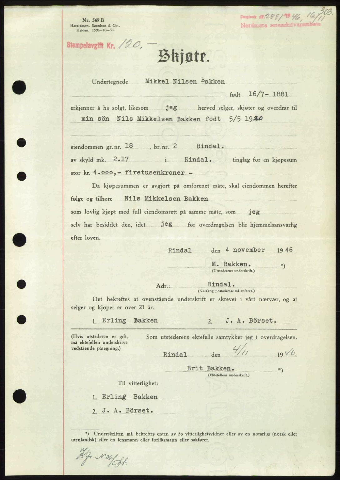 Nordmøre sorenskriveri, SAT/A-4132/1/2/2Ca: Pantebok nr. A103, 1946-1947, Dagboknr: 2381/1946