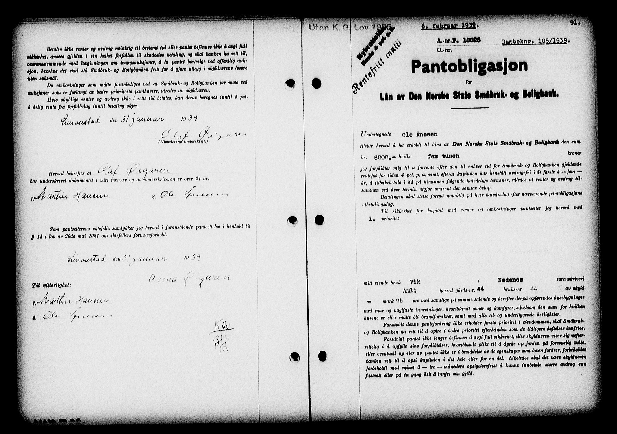 Nedenes sorenskriveri, SAK/1221-0006/G/Gb/Gba/L0046: Pantebok nr. 42, 1938-1939, Dagboknr: 105/1939