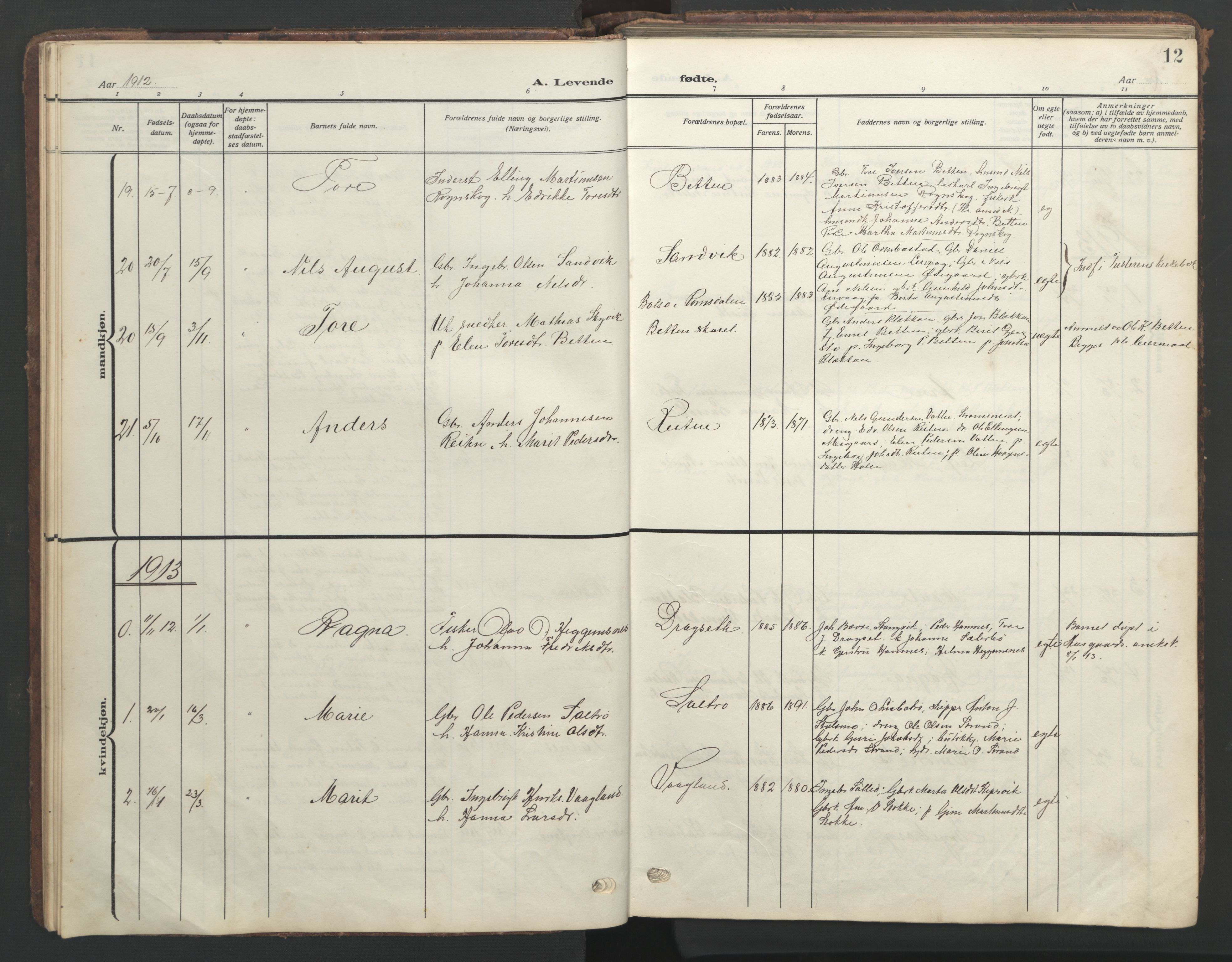 Ministerialprotokoller, klokkerbøker og fødselsregistre - Møre og Romsdal, AV/SAT-A-1454/576/L0891: Klokkerbok nr. 576C02, 1909-1946, s. 12