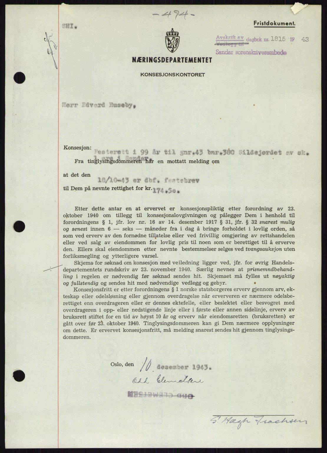 Sandar sorenskriveri, SAKO/A-86/G/Ga/Gab/L0001: Pantebok nr. B-1 og B-3 - B-9, 1936-1944, Dagboknr: 1815/1943