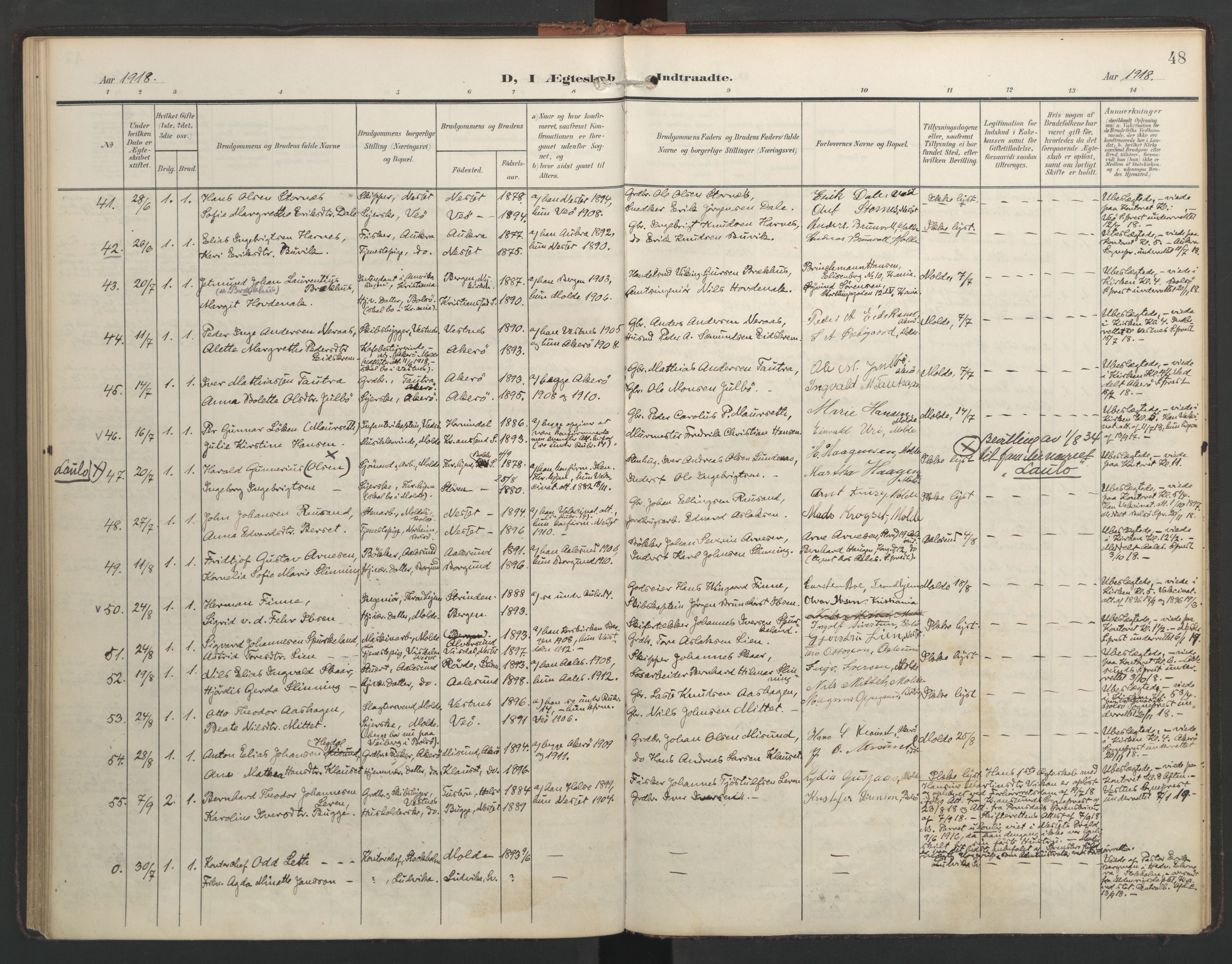 Ministerialprotokoller, klokkerbøker og fødselsregistre - Møre og Romsdal, AV/SAT-A-1454/558/L0694: Ministerialbok nr. 558A08, 1907-1922, s. 48