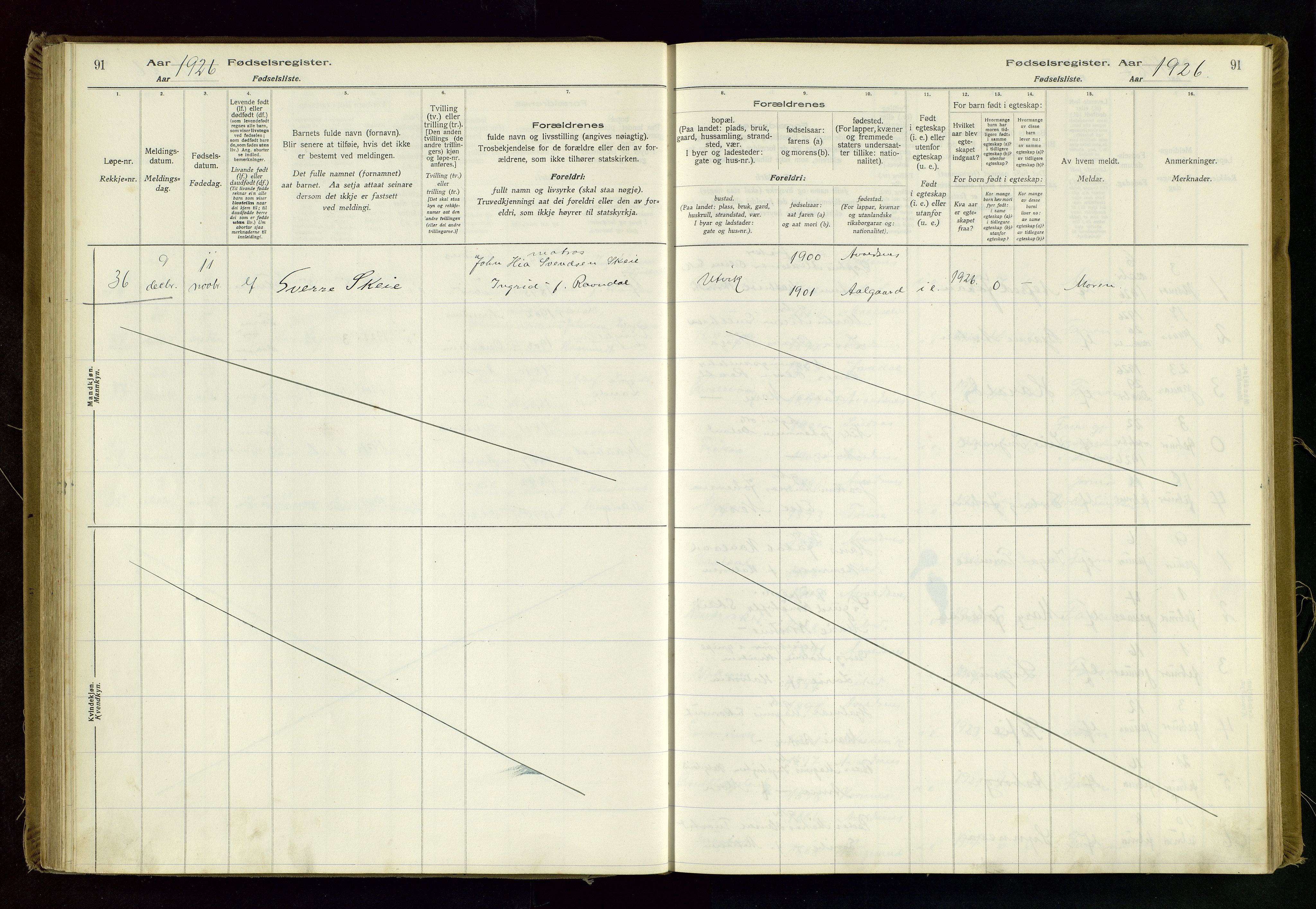 Avaldsnes sokneprestkontor, SAST/A -101851/I/Id/L0001: Fødselsregister nr. 1, 1916-1946, s. 91