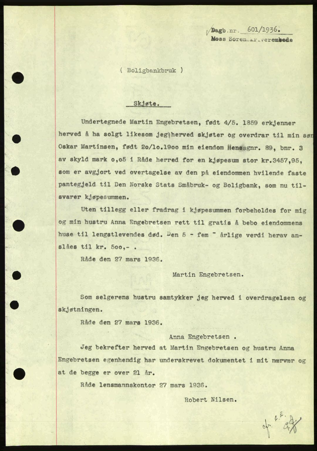 Moss sorenskriveri, SAO/A-10168: Pantebok nr. A1, 1936-1936, Dagboknr: 601/1936