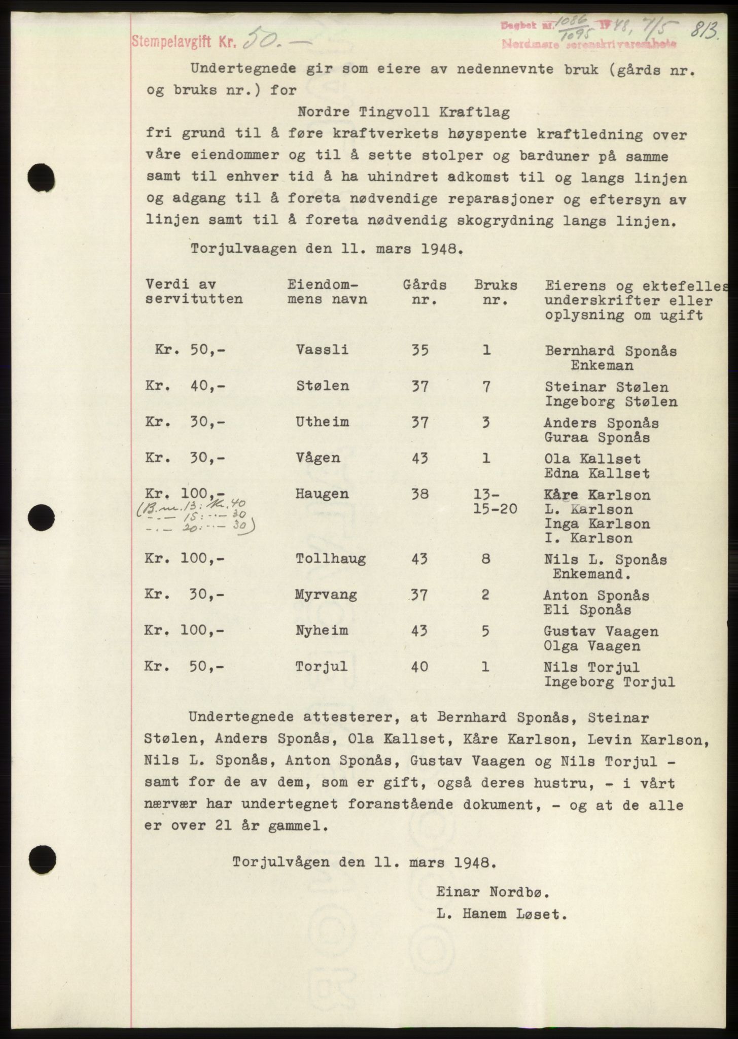 Nordmøre sorenskriveri, SAT/A-4132/1/2/2Ca: Pantebok nr. B98, 1948-1948, Dagboknr: 1086/1948
