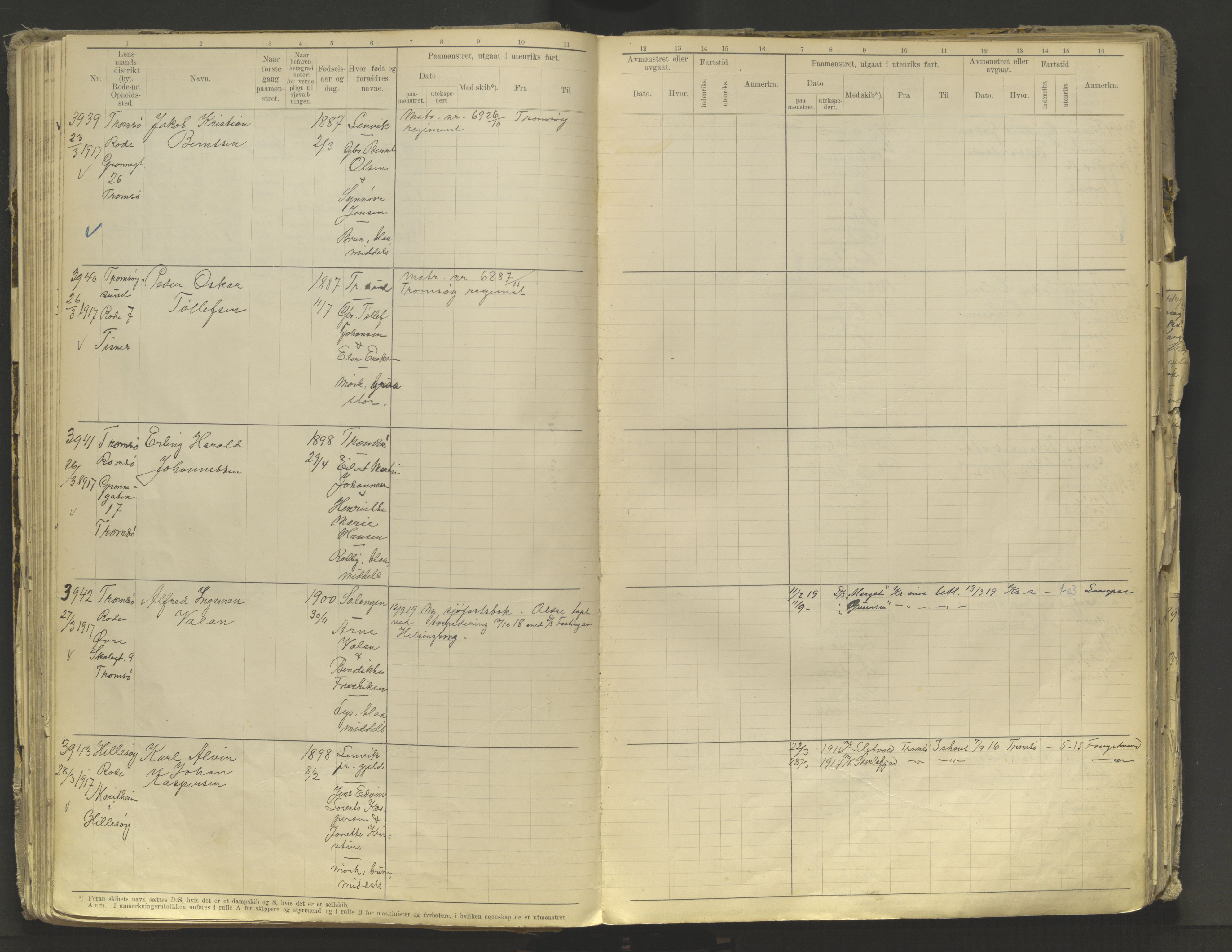 Tromsø sjømannskontor/innrullerings-/mønstringsdistrikt, AV/SATØ-S-0243/F/Fb/L0010: Annotasjonsrulle. Defekt: løs innbinding. Nr. 3519-4972, 1916-1920