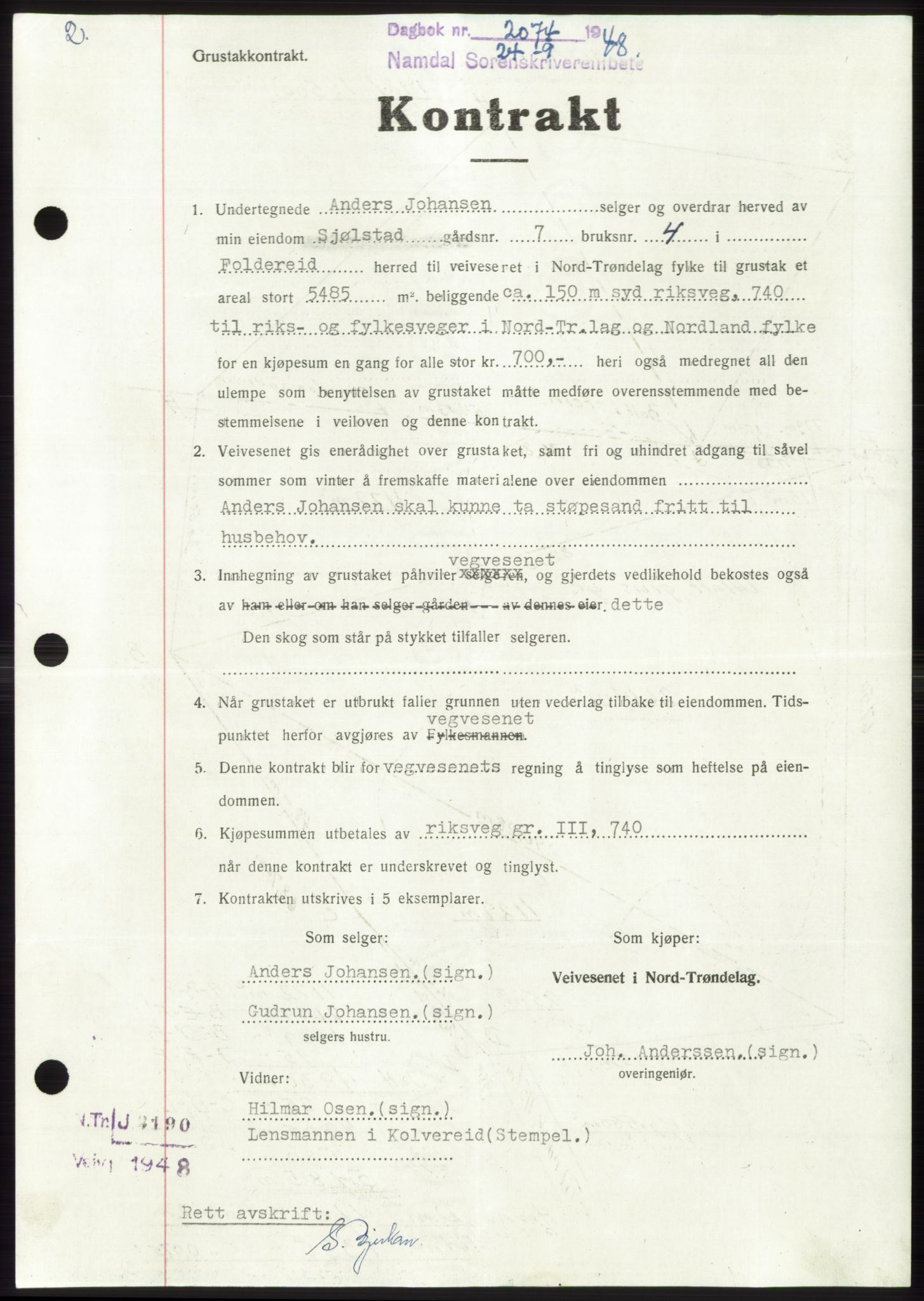 Namdal sorenskriveri, SAT/A-4133/1/2/2C: Pantebok nr. -, 1948-1948, Dagboknr: 2074/1948