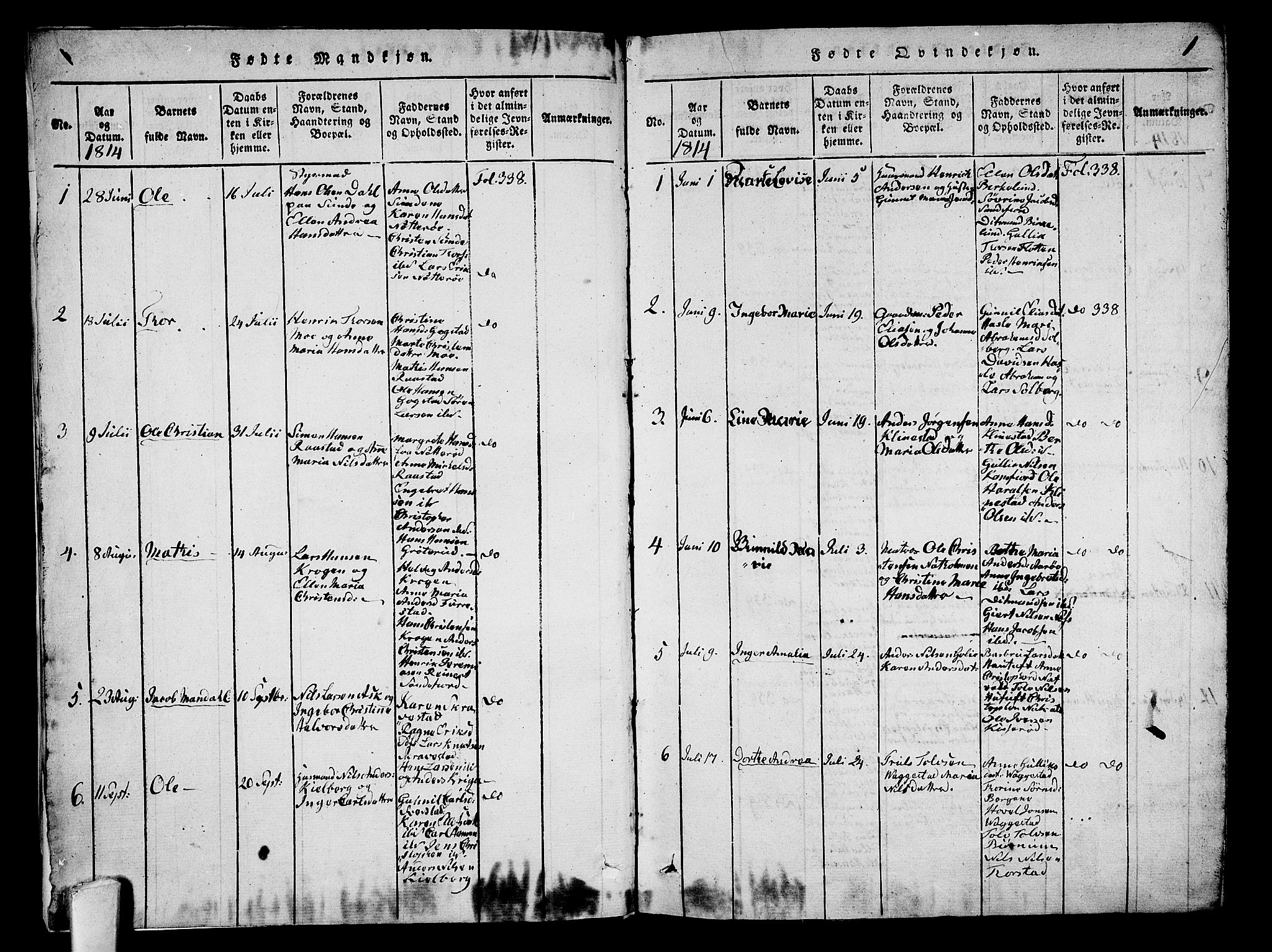 Sandar kirkebøker, AV/SAKO-A-243/G/Ga/L0001: Klokkerbok nr. 1, 1814-1835, s. 1