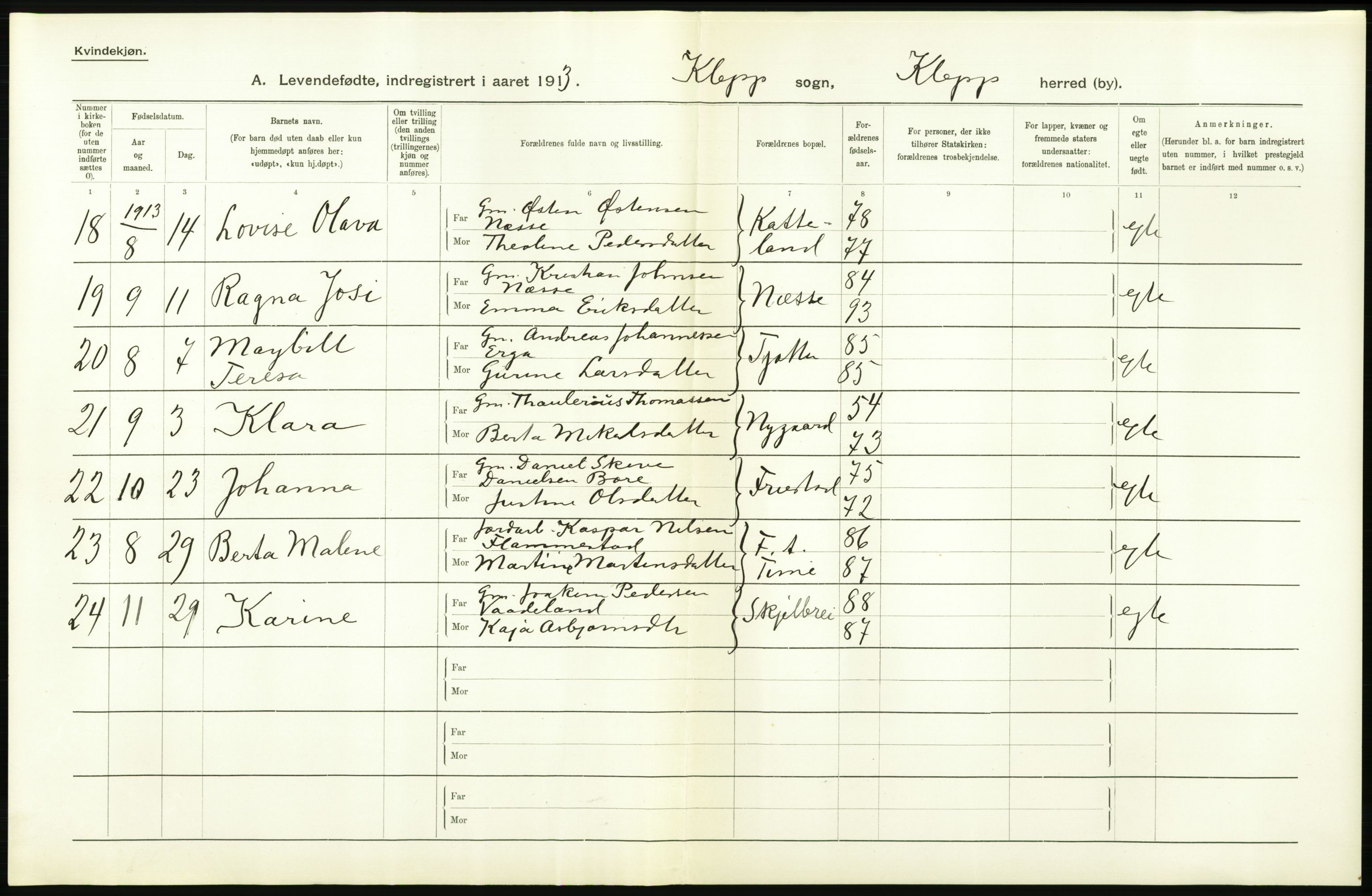Statistisk sentralbyrå, Sosiodemografiske emner, Befolkning, AV/RA-S-2228/D/Df/Dfb/Dfbc/L0025: Stavanger amt: Levendefødte menn og kvinner. Bygder., 1913, s. 8