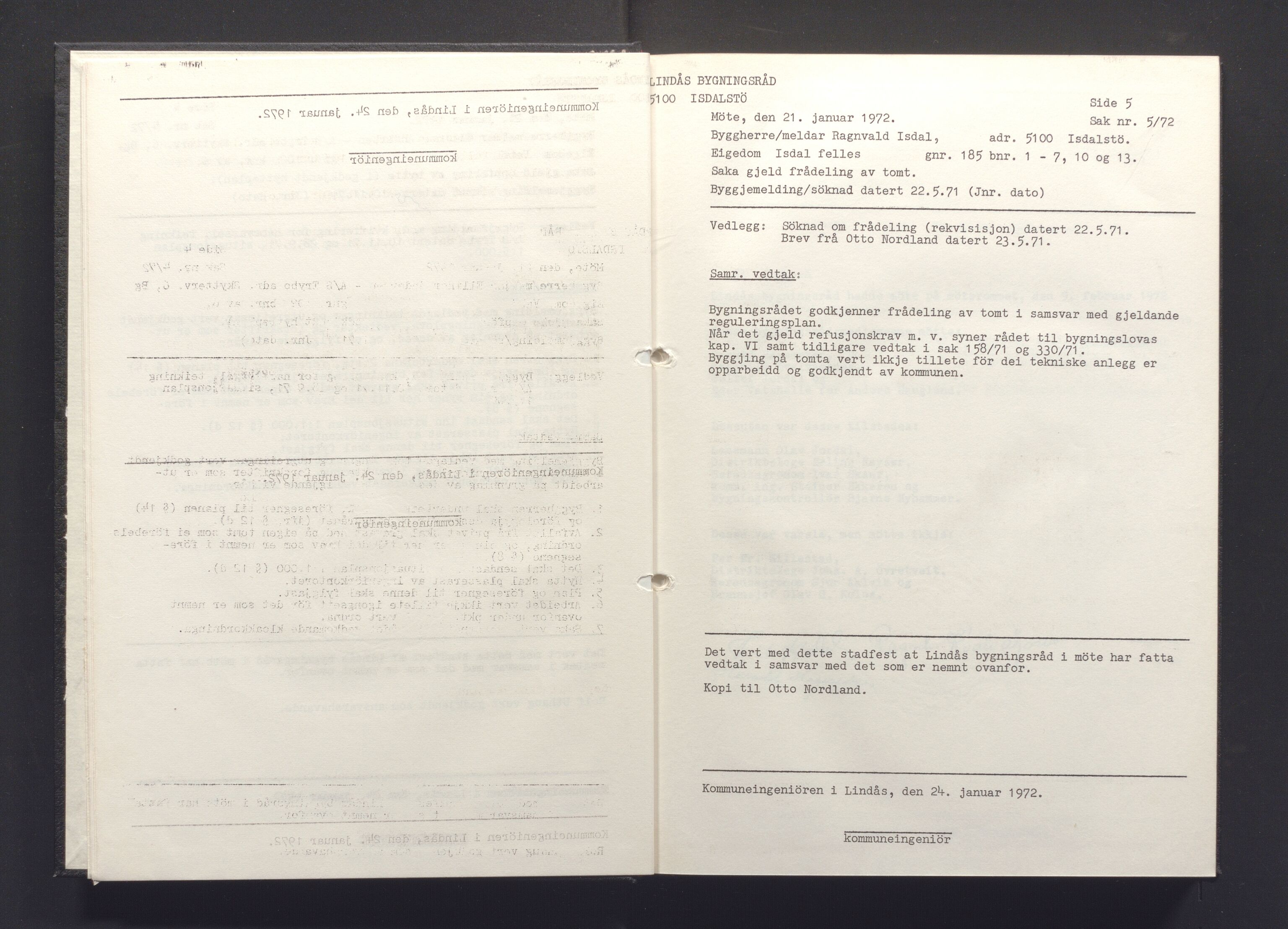 Lindås kommune. Bygningsrådet, IKAH/1263-511/A/Aa/L0009: Møtebok for Lindås bygningsråd, 1972