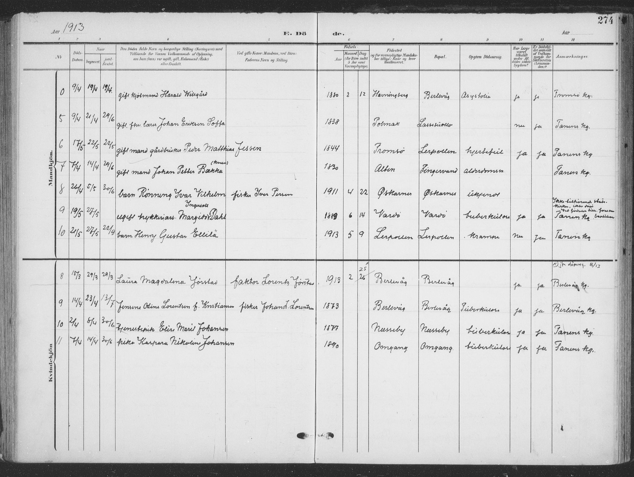 Tana sokneprestkontor, AV/SATØ-S-1334/H/Ha/L0007kirke: Ministerialbok nr. 7, 1904-1918, s. 274