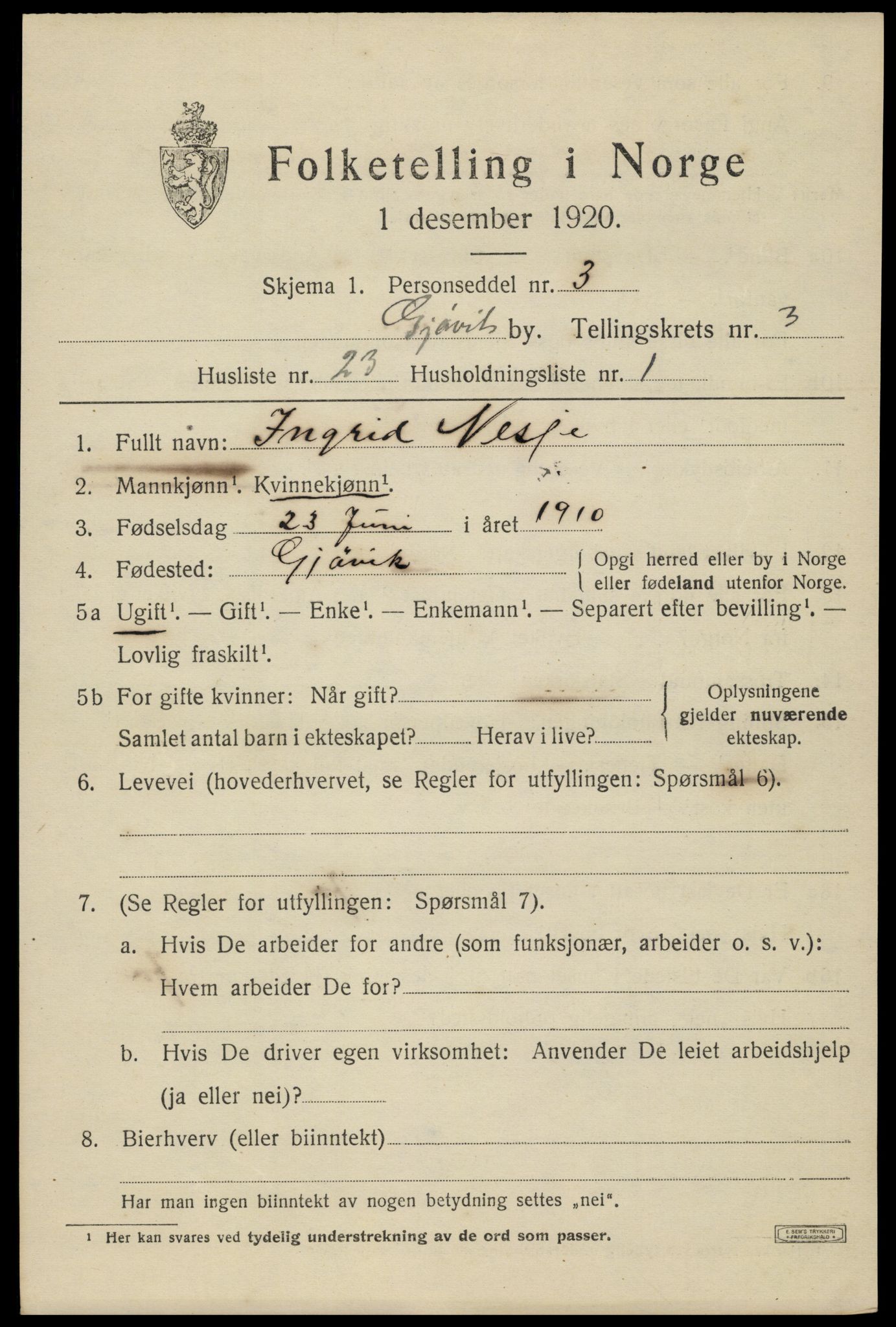 SAH, Folketelling 1920 for 0502 Gjøvik kjøpstad, 1920, s. 6682