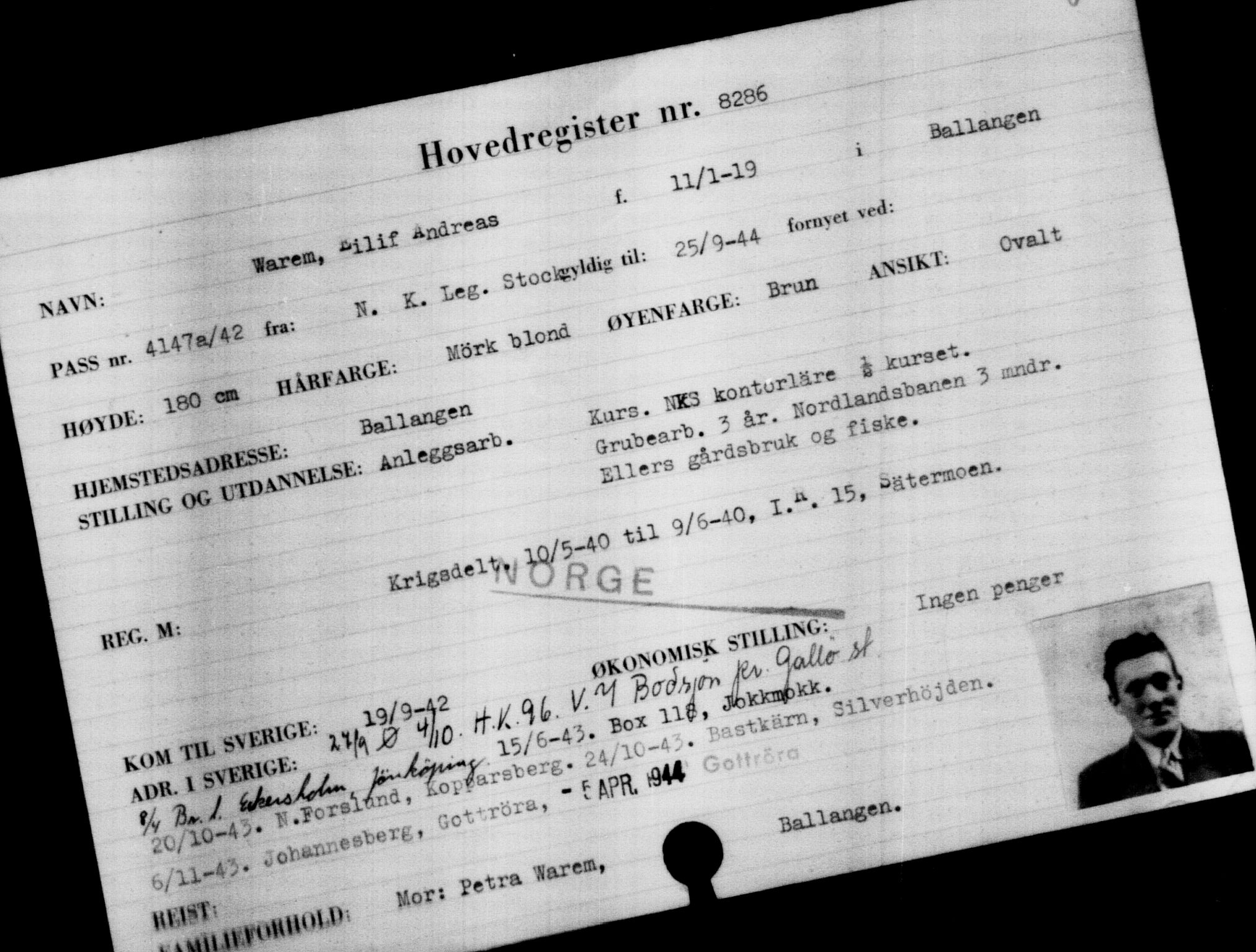 Utenriksstasjonene, Legasjonen i Stockholm, Flyktningkontoret, AV/RA-S-6753/V/Va/L0005: Kjesäterkartoteket, flyktninger med registreringsnr. 6600-9417, 1940-1945, s. 1959