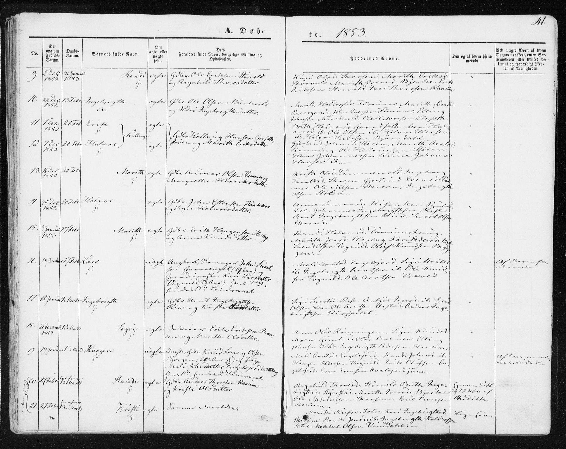 Ministerialprotokoller, klokkerbøker og fødselsregistre - Sør-Trøndelag, SAT/A-1456/678/L0899: Ministerialbok nr. 678A08, 1848-1872, s. 41