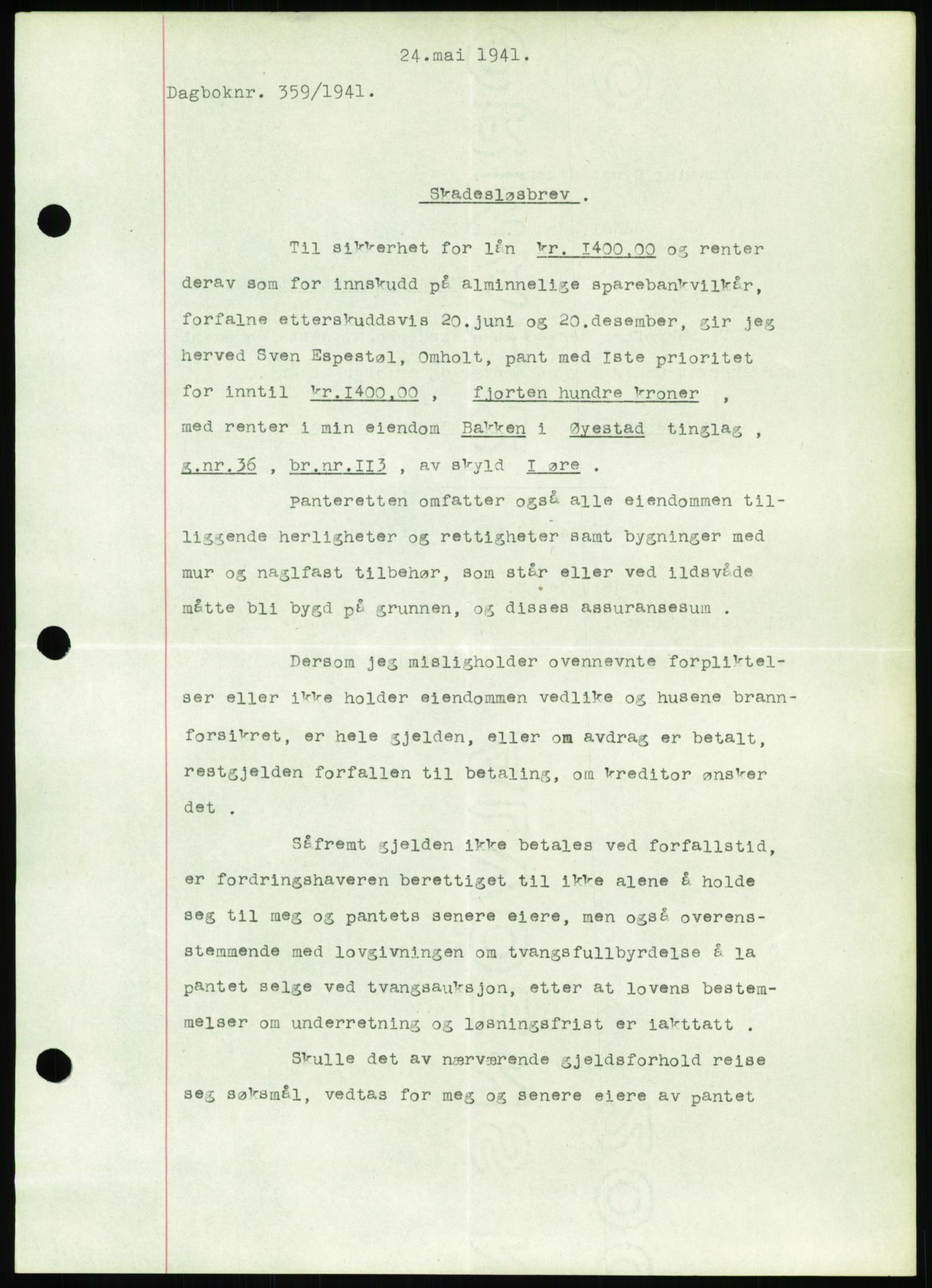 Nedenes sorenskriveri, SAK/1221-0006/G/Gb/Gbb/L0001: Pantebok nr. I, 1939-1942, Dagboknr: 359/1941