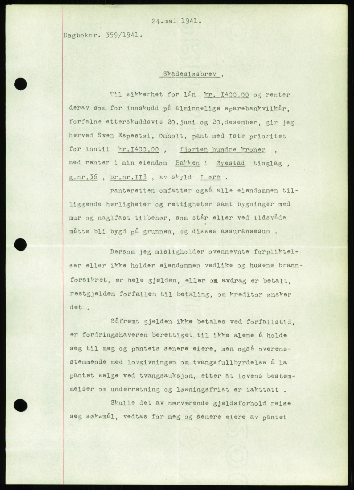 Nedenes sorenskriveri, AV/SAK-1221-0006/G/Gb/Gbb/L0001: Pantebok nr. I, 1939-1942, Dagboknr: 359/1941