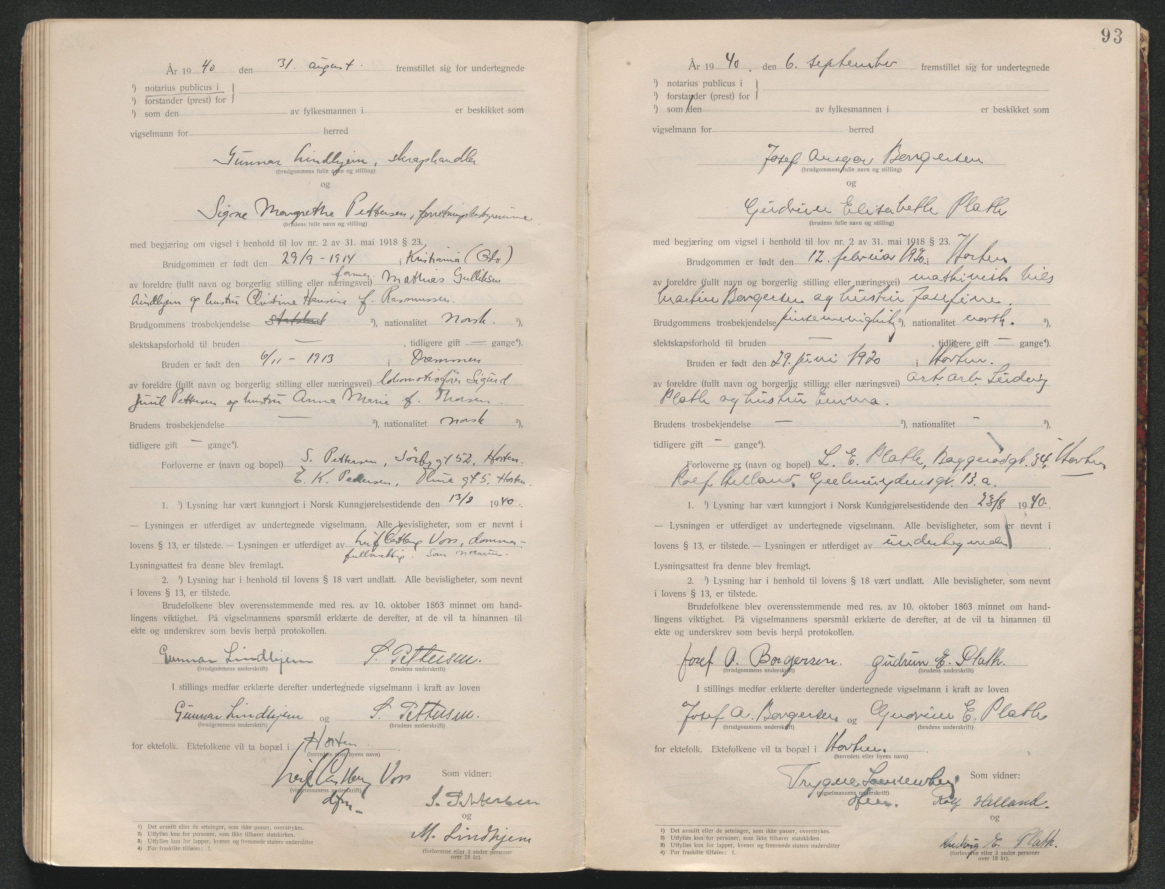 Horten sorenskriveri, AV/SAKO-A-133/L/Lc/L0001: Vigselsbok, 1920-1941, s. 95