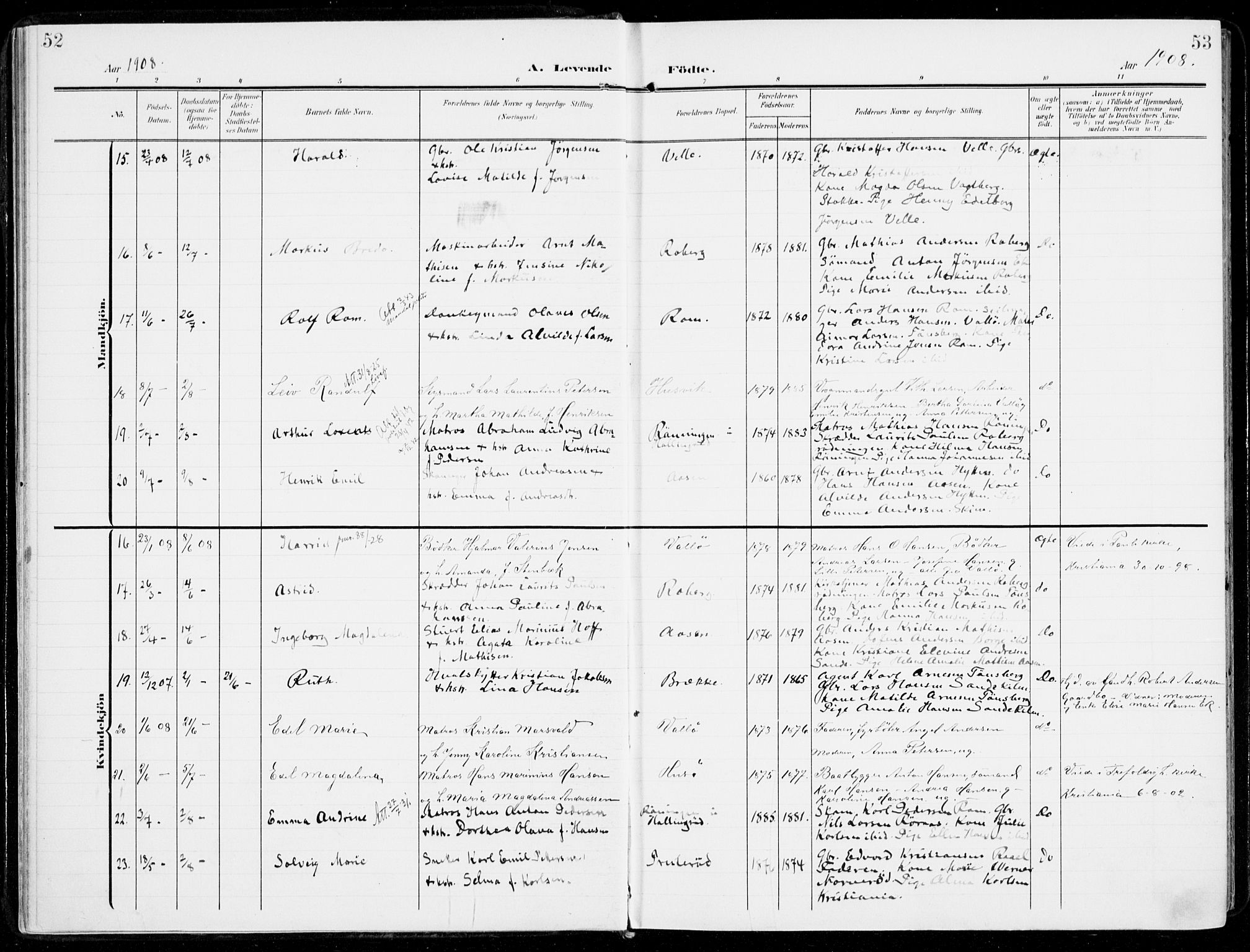 Sem kirkebøker, AV/SAKO-A-5/F/Fb/L0006: Ministerialbok nr. II 6, 1905-1918, s. 52-53
