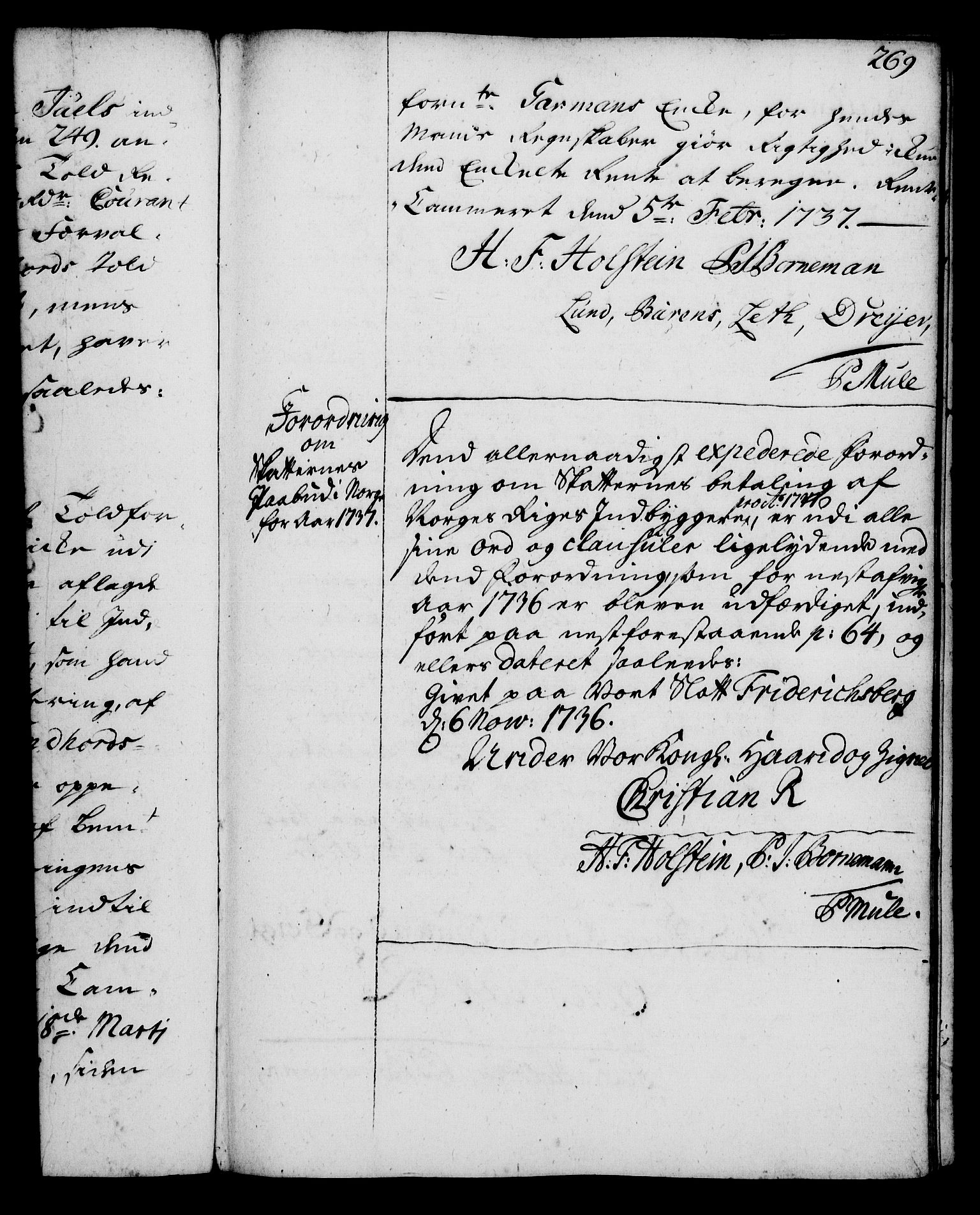 Rentekammeret, Kammerkanselliet, RA/EA-3111/G/Gg/Gga/L0004: Norsk ekspedisjonsprotokoll med register (merket RK 53.4), 1734-1741, s. 269