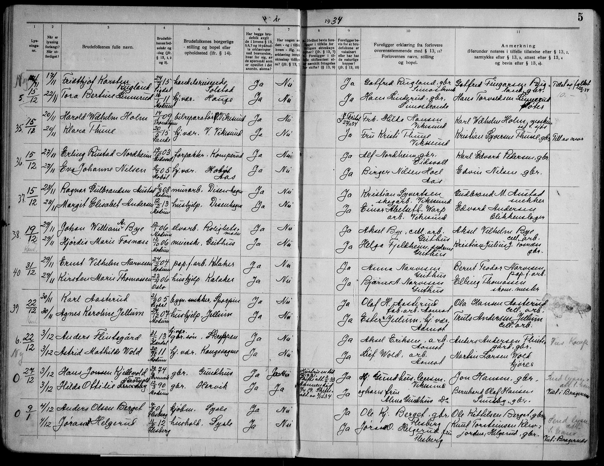 Modum kirkebøker, AV/SAKO-A-234/H/Ha/L0004: Lysningsprotokoll nr. I 4, 1934-1947, s. 5