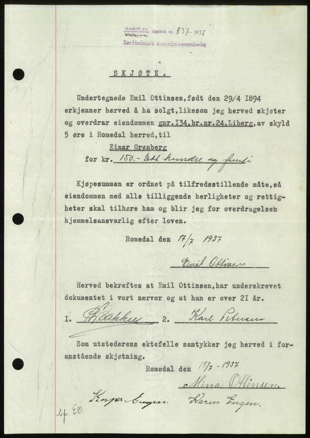 Sør-Hedmark sorenskriveri, SAH/TING-014/H/Hb/Hbd/L0003: Pantebok nr. 3, 1937-1938, Dagboknr: 837/1937