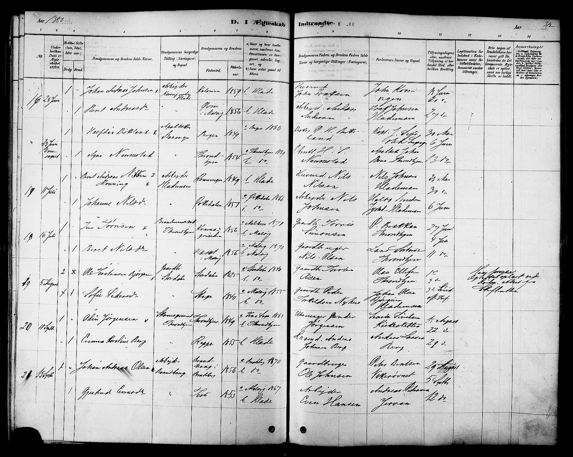 Ministerialprotokoller, klokkerbøker og fødselsregistre - Sør-Trøndelag, SAT/A-1456/606/L0294: Ministerialbok nr. 606A09, 1878-1886, s. 312