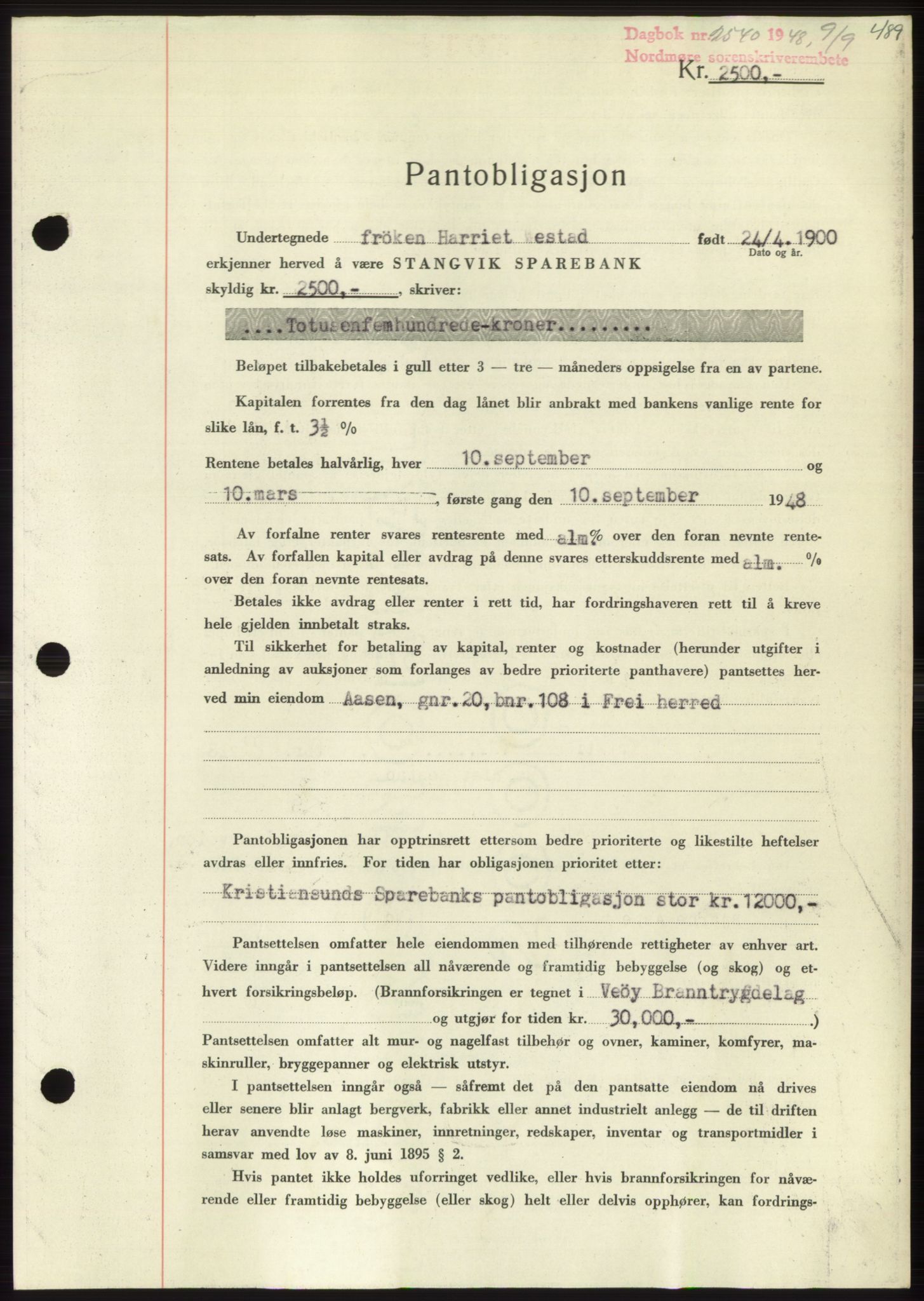 Nordmøre sorenskriveri, SAT/A-4132/1/2/2Ca: Pantebok nr. B99, 1948-1948, Dagboknr: 2540/1948