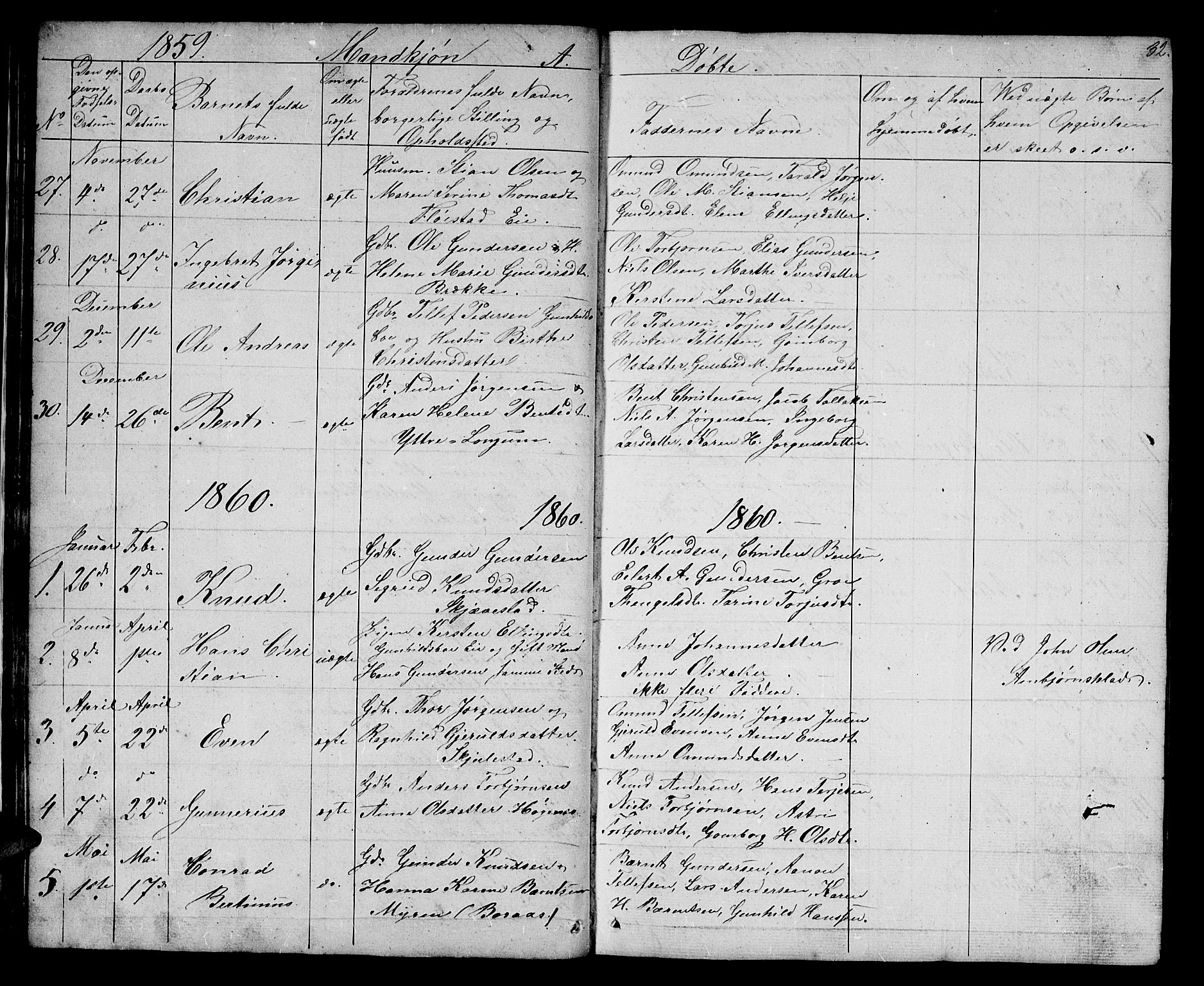 Austre Moland sokneprestkontor, SAK/1111-0001/F/Fb/Fba/L0001: Klokkerbok nr. B 1, 1842-1868, s. 32