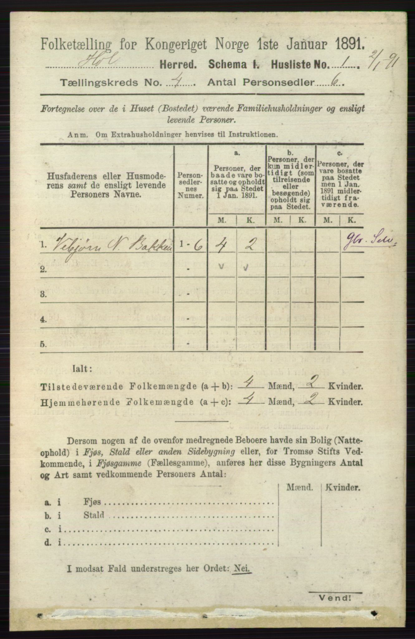 RA, Folketelling 1891 for 0620 Hol herred, 1891, s. 1226