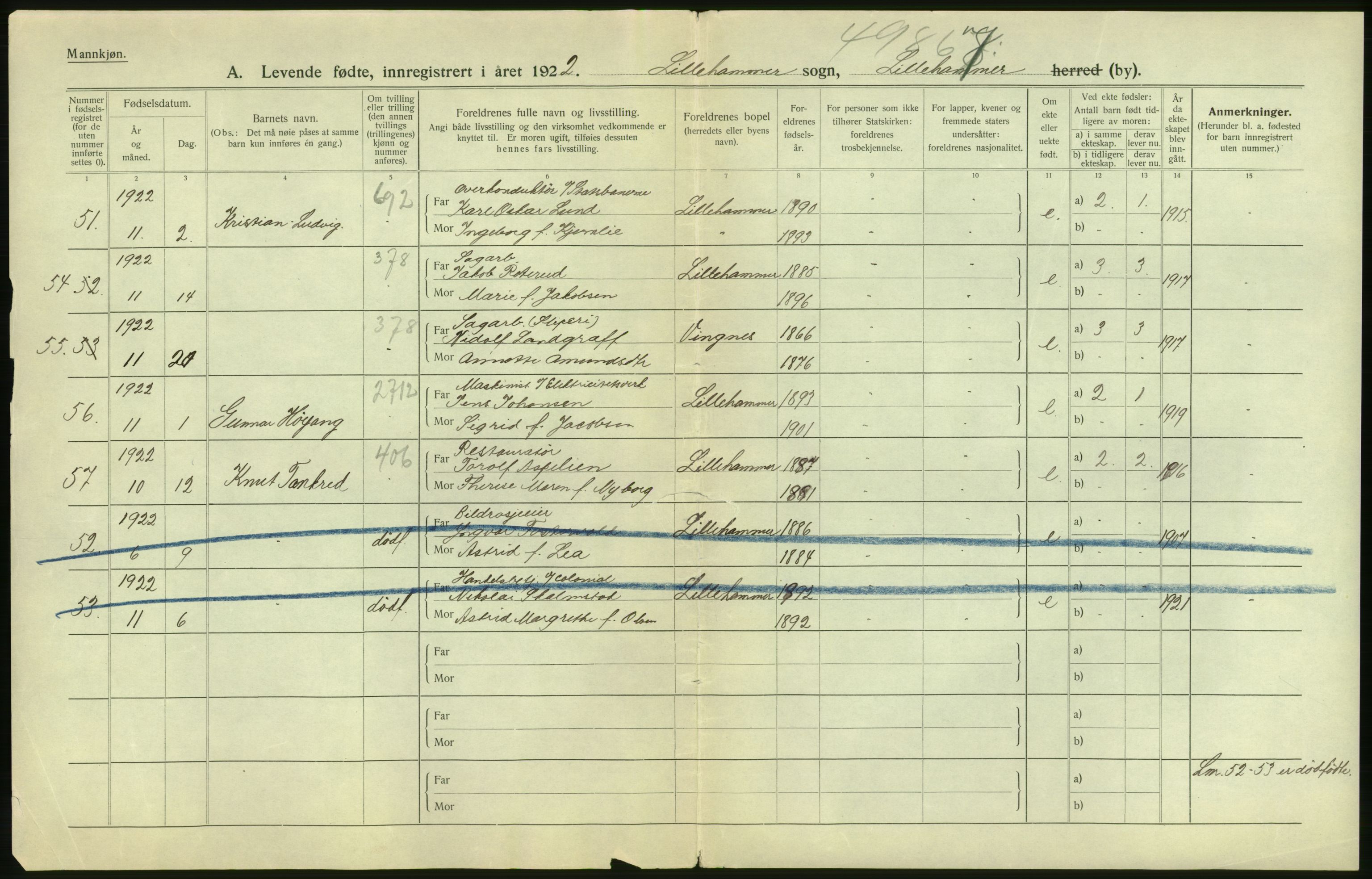 Statistisk sentralbyrå, Sosiodemografiske emner, Befolkning, AV/RA-S-2228/D/Df/Dfc/Dfcb/L0013: Oppland fylke: Levendefødte menn og kvinner. Bygder og byer., 1922, s. 4