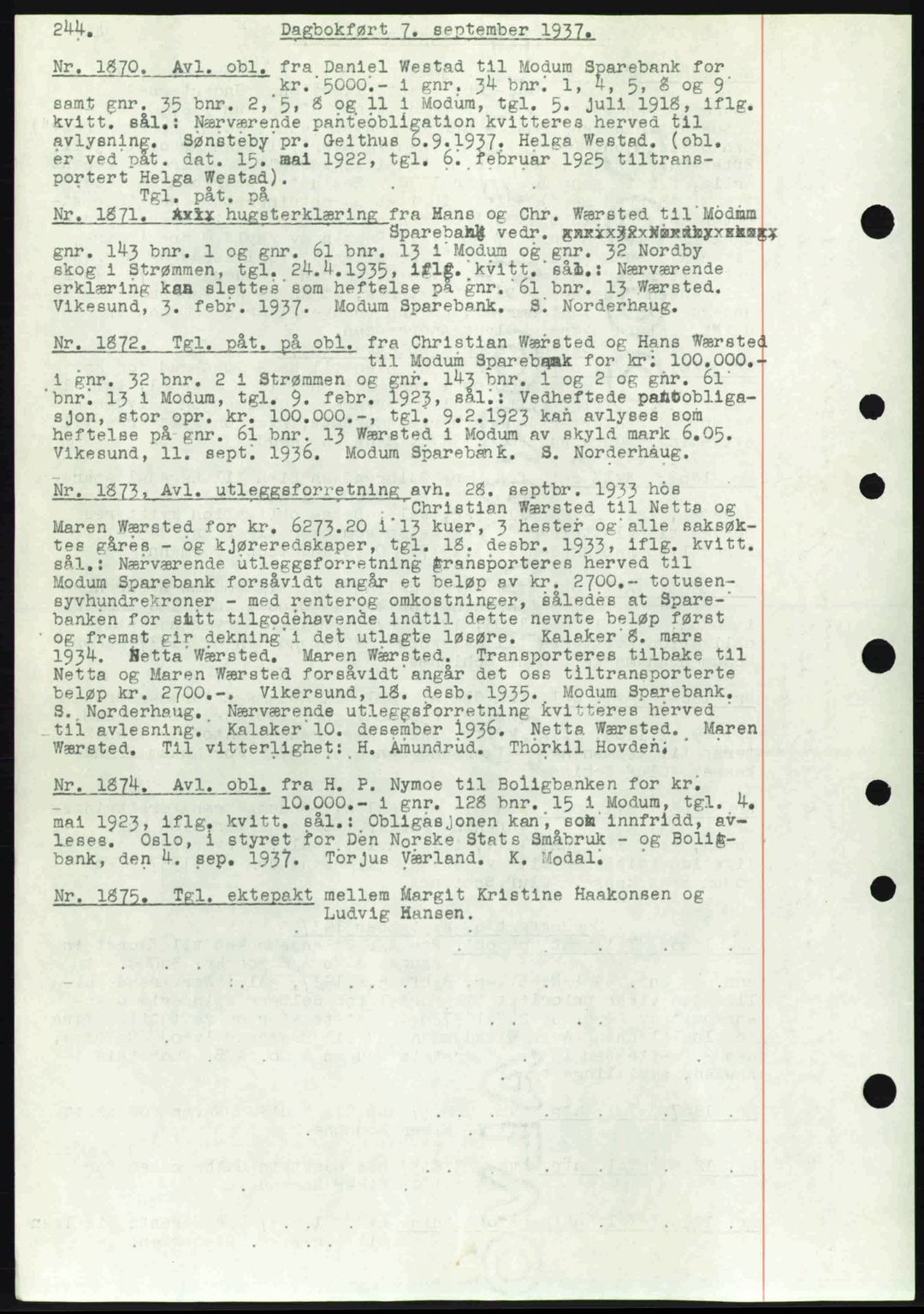 Eiker, Modum og Sigdal sorenskriveri, SAKO/A-123/G/Ga/Gab/L0036: Pantebok nr. A6, 1937-1937, Dagboknr: 1870/1937