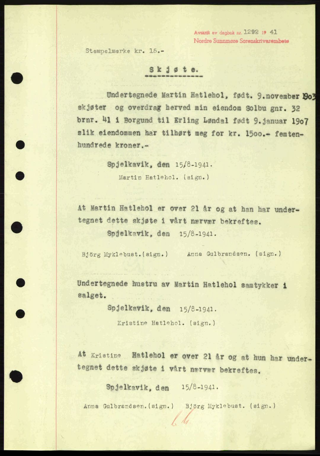 Nordre Sunnmøre sorenskriveri, SAT/A-0006/1/2/2C/2Ca: Pantebok nr. A11, 1941-1941, Dagboknr: 1292/1941