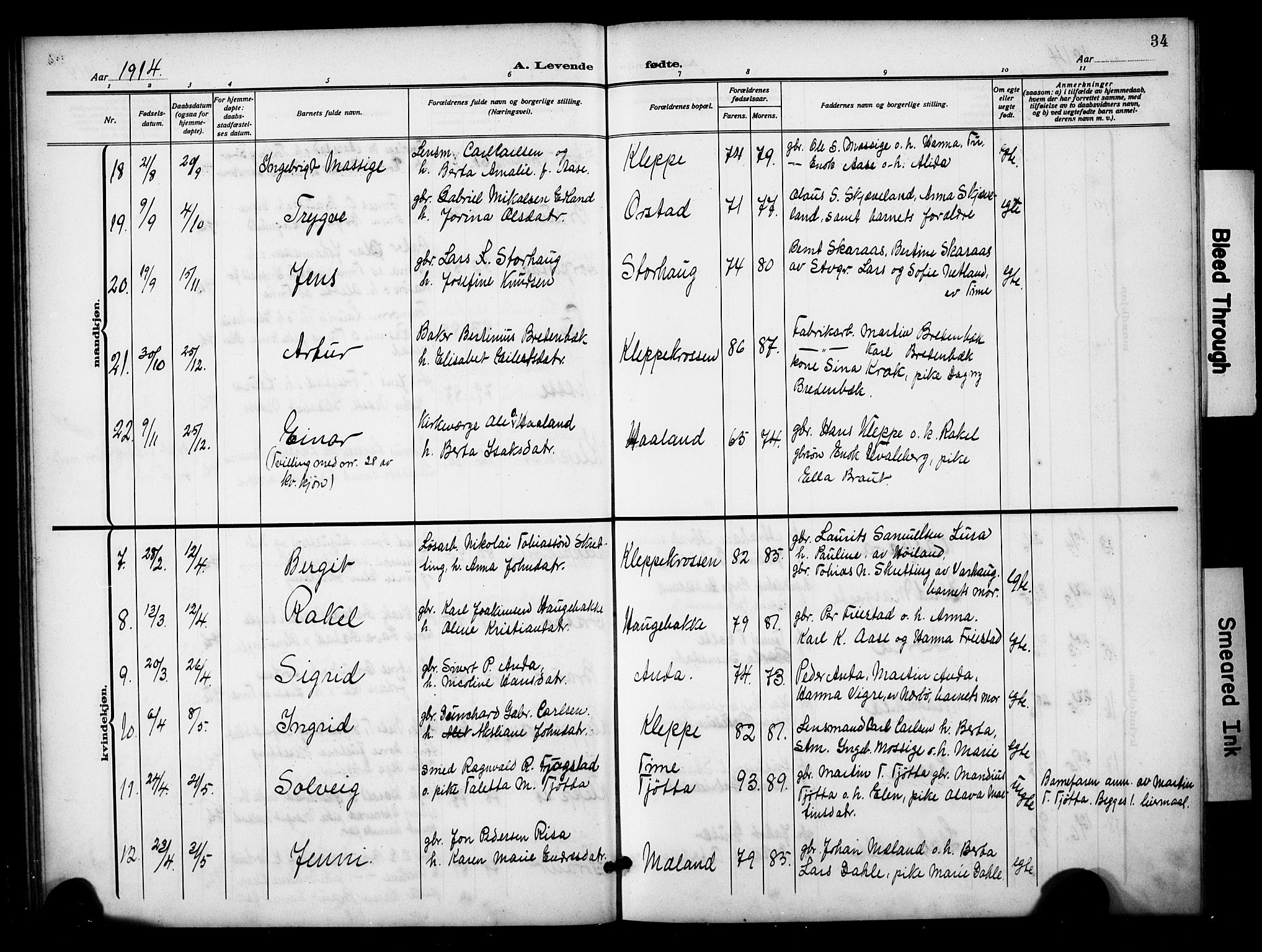 Klepp sokneprestkontor, AV/SAST-A-101803/001/3/30BB/L0007: Klokkerbok nr. B 7, 1908-1934, s. 34