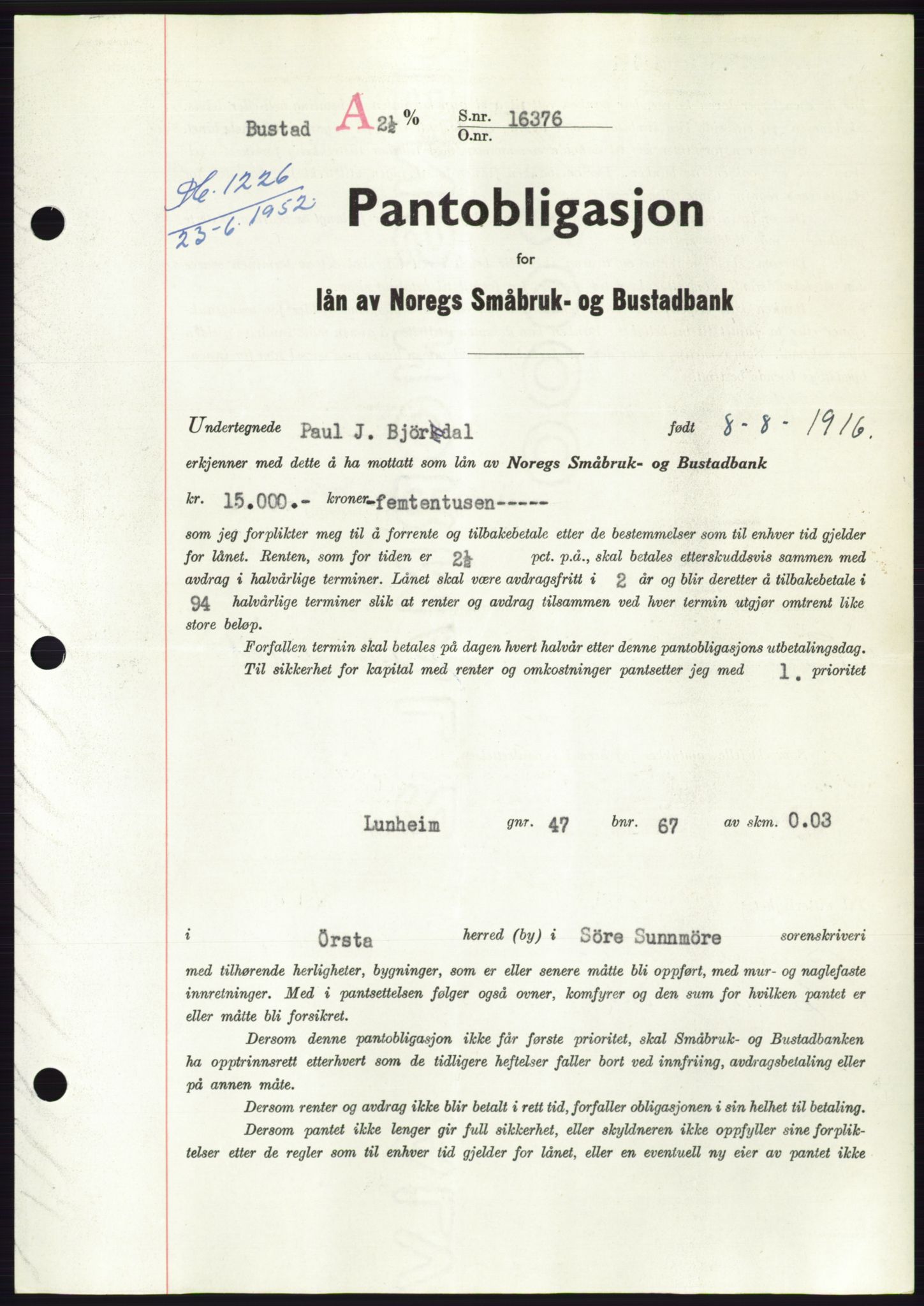 Søre Sunnmøre sorenskriveri, AV/SAT-A-4122/1/2/2C/L0121: Pantebok nr. 9B, 1951-1952, Dagboknr: 1226/1952