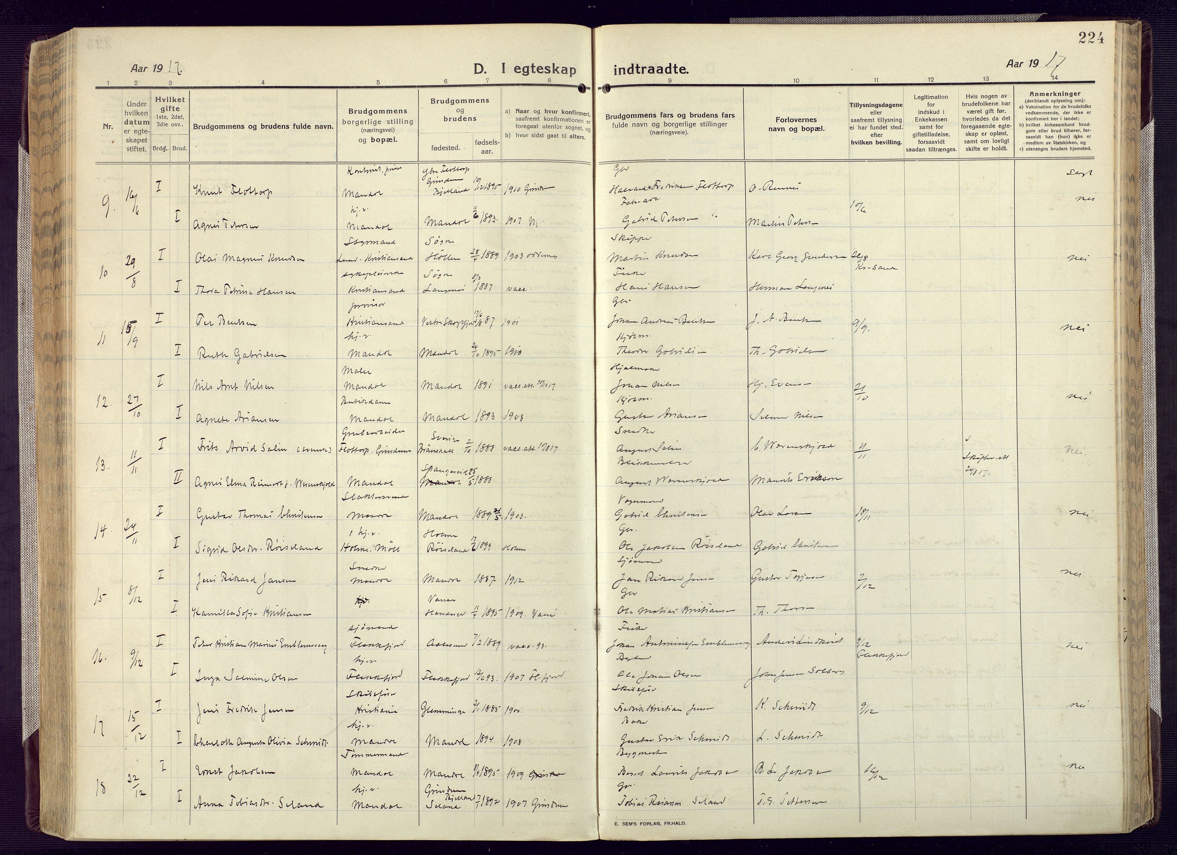 Mandal sokneprestkontor, SAK/1111-0030/F/Fa/Fac/L0001: Ministerialbok nr. A 1, 1913-1925, s. 224
