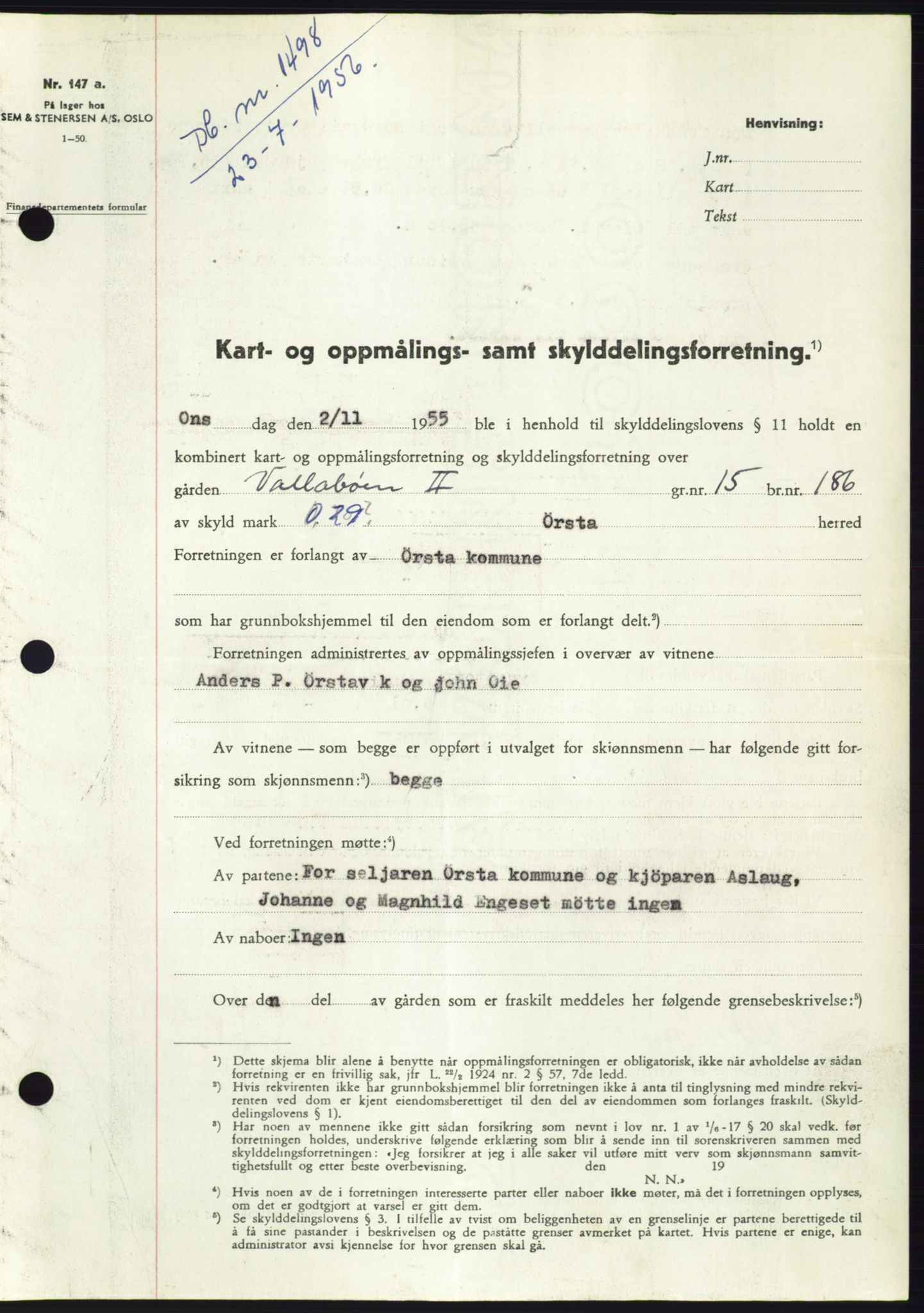 Søre Sunnmøre sorenskriveri, AV/SAT-A-4122/1/2/2C/L0104: Pantebok nr. 30A, 1956-1956, Dagboknr: 1498/1956