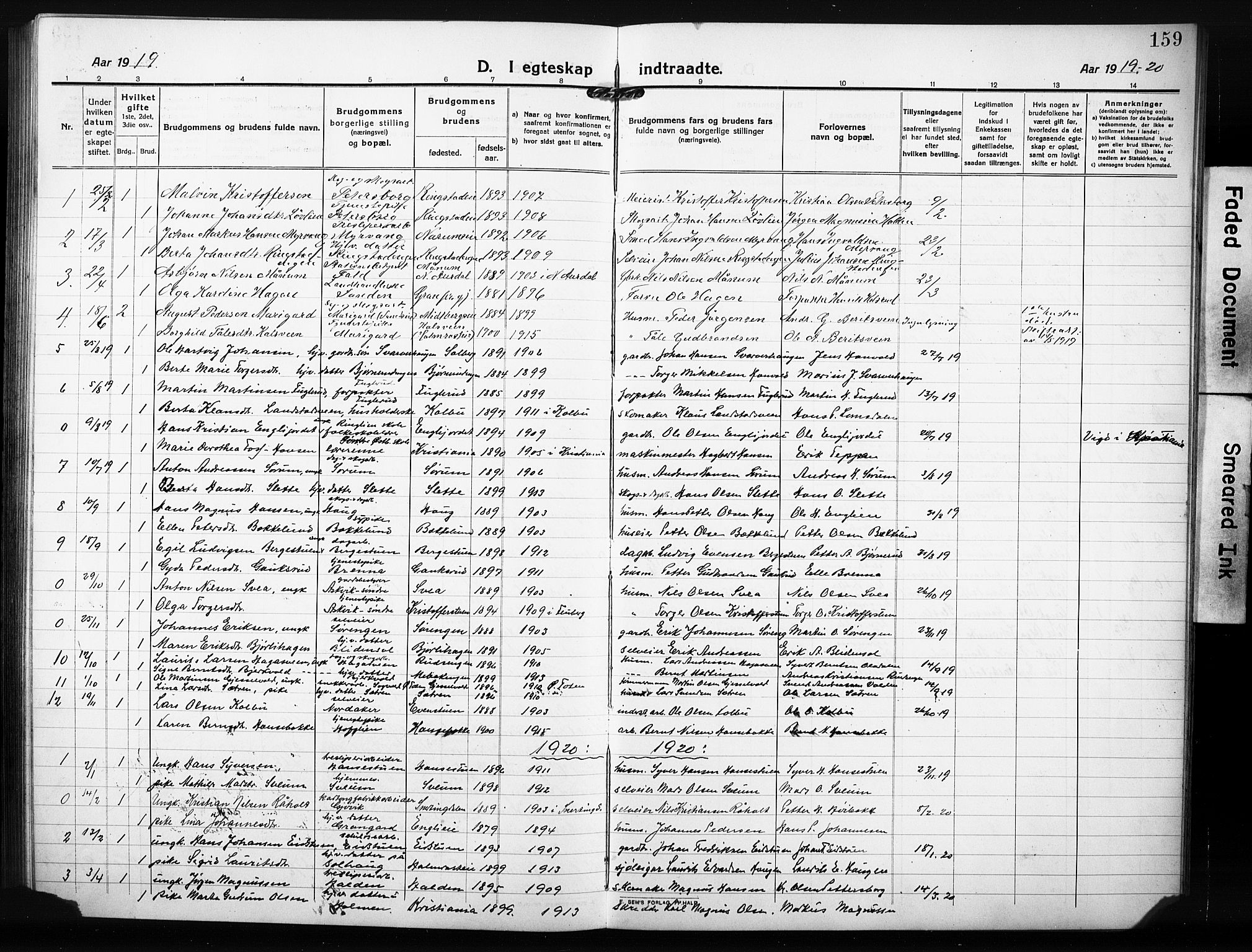 Søndre Land prestekontor, AV/SAH-PREST-122/L/L0007: Klokkerbok nr. 7, 1915-1932, s. 159