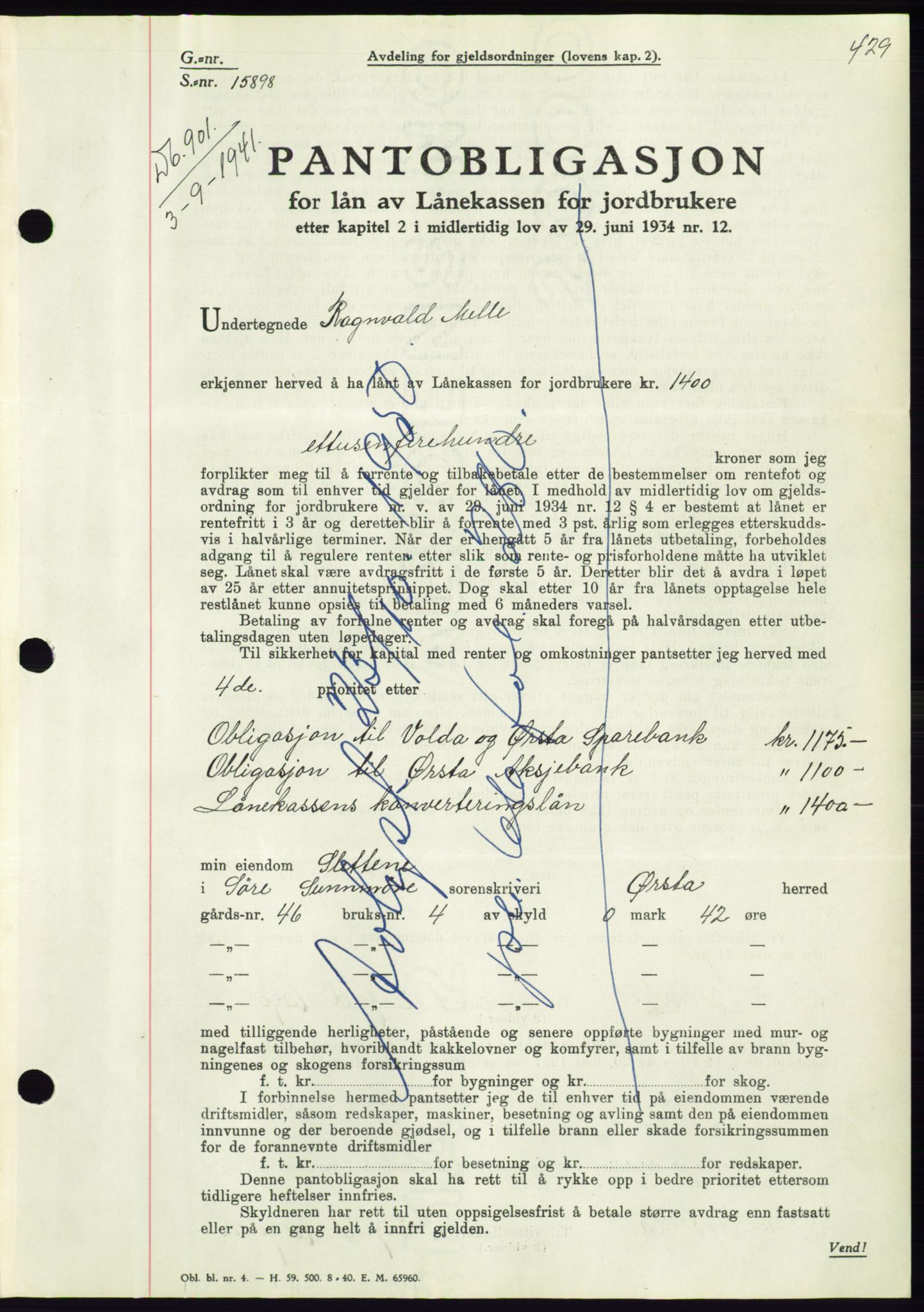 Søre Sunnmøre sorenskriveri, AV/SAT-A-4122/1/2/2C/L0071: Pantebok nr. 65, 1941-1941, Dagboknr: 901/1941