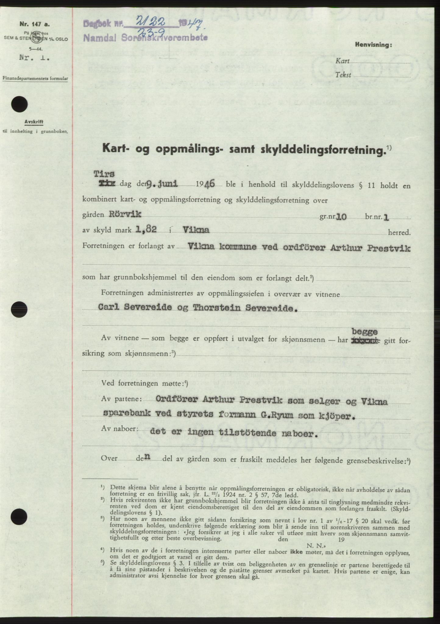 Namdal sorenskriveri, SAT/A-4133/1/2/2C: Pantebok nr. -, 1947-1947, Dagboknr: 2122/1947