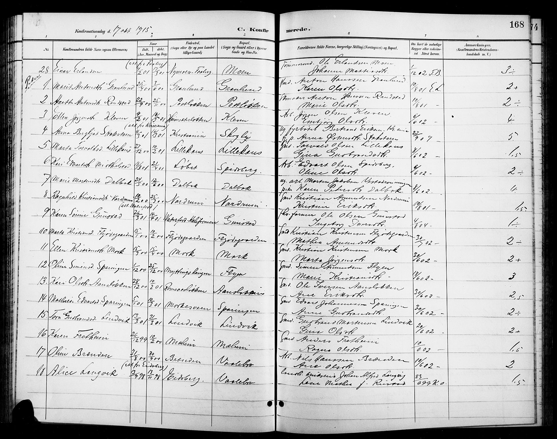 Ringebu prestekontor, AV/SAH-PREST-082/H/Ha/Hab/L0009: Klokkerbok nr. 9, 1899-1921, s. 168