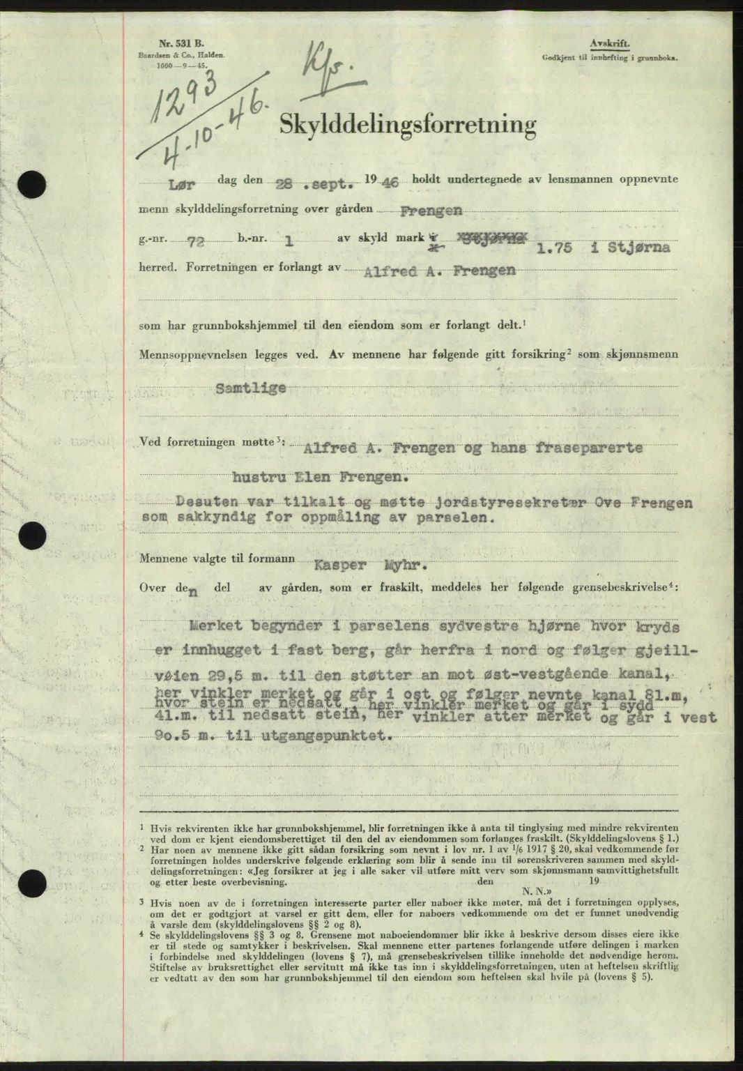 Fosen sorenskriveri, AV/SAT-A-1107/1/2/2C: Pantebok nr. A4-6, 1946-1947, Dagboknr: 1293/1946
