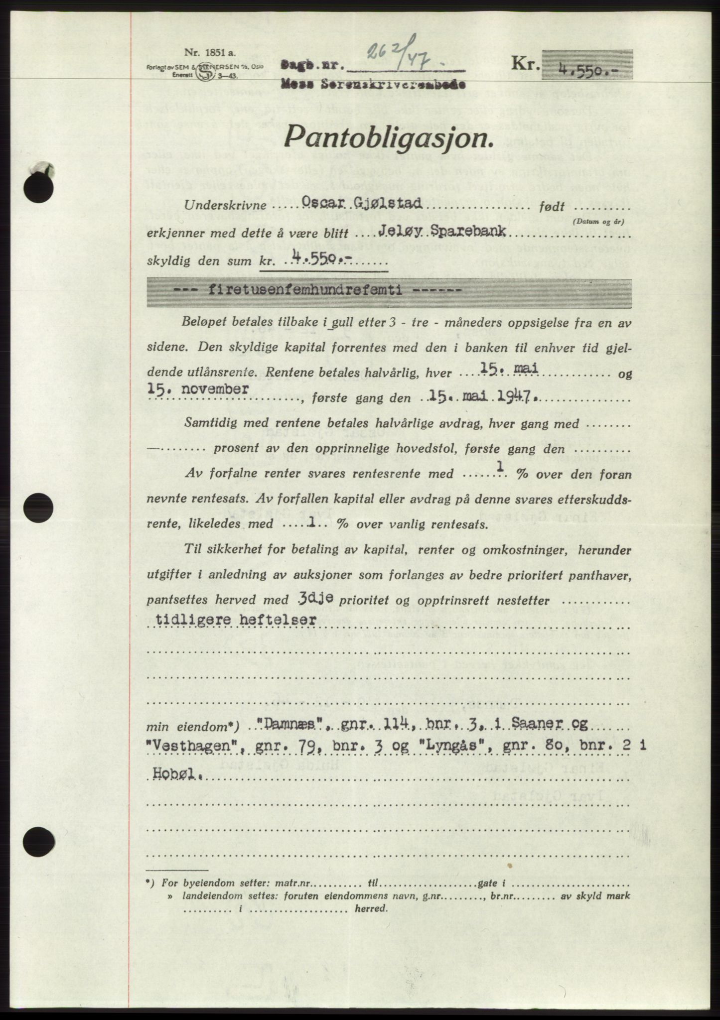 Moss sorenskriveri, SAO/A-10168: Pantebok nr. B16, 1946-1947, Dagboknr: 262/1947
