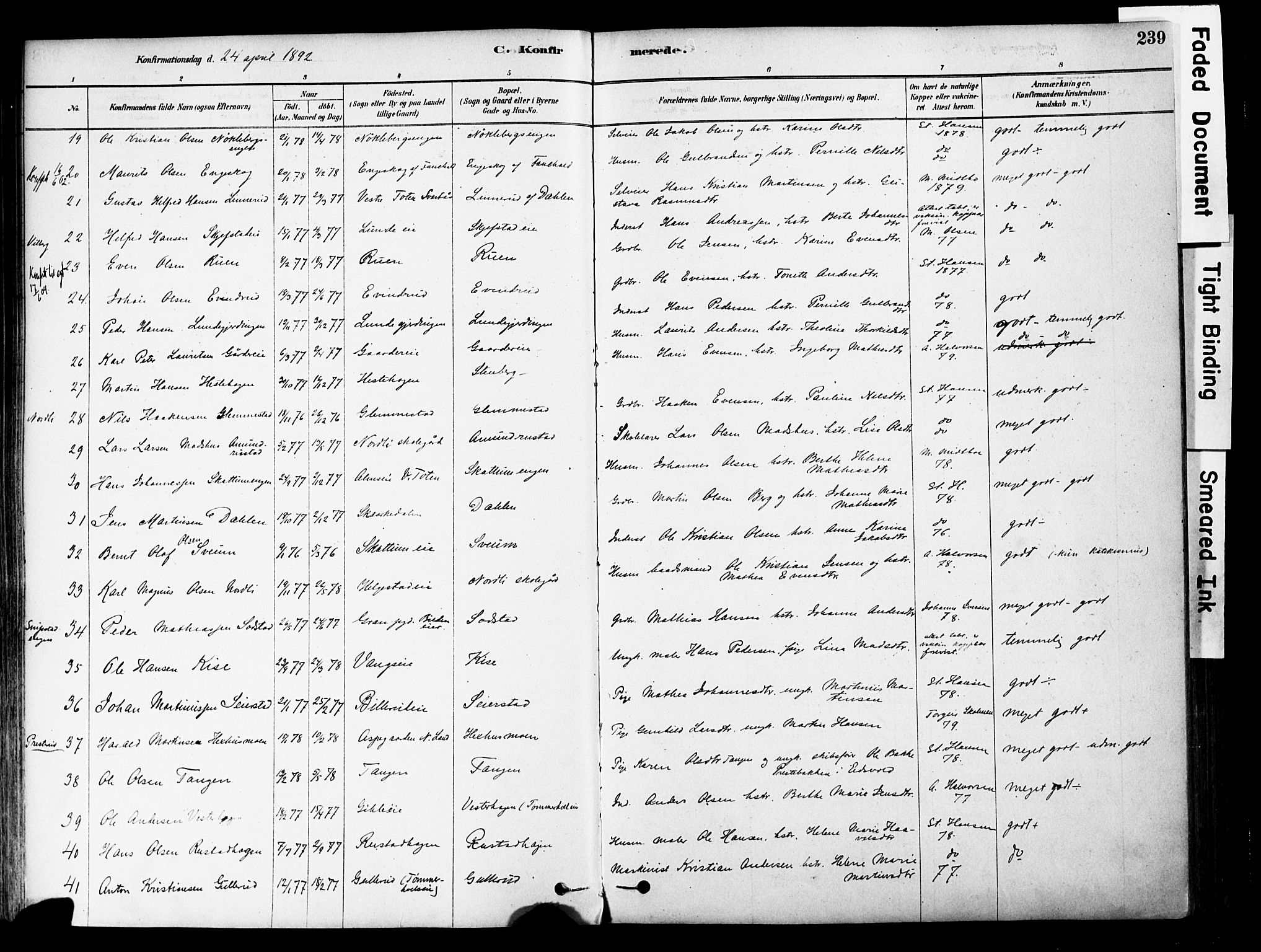 Østre Toten prestekontor, AV/SAH-PREST-104/H/Ha/Haa/L0006: Ministerialbok nr. 6 /1, 1878-1896, s. 239