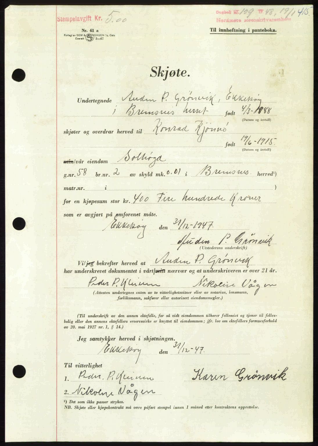 Nordmøre sorenskriveri, AV/SAT-A-4132/1/2/2Ca: Pantebok nr. A107, 1947-1948, Dagboknr: 129/1948