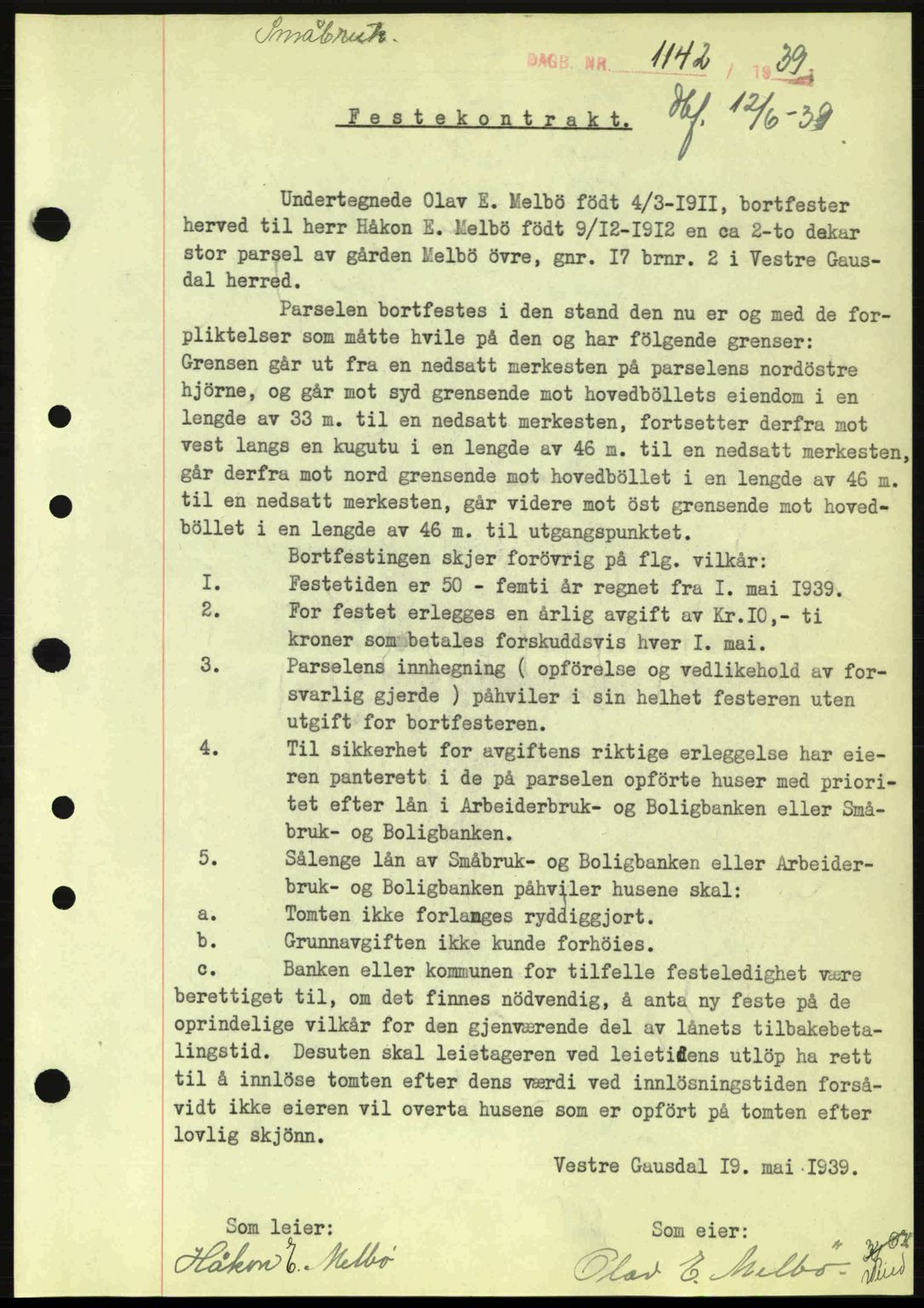 Sør-Gudbrandsdal tingrett, SAH/TING-004/H/Hb/Hbd/L0006: Pantebok nr. A6, 1939-1939, Dagboknr: 1142/1939