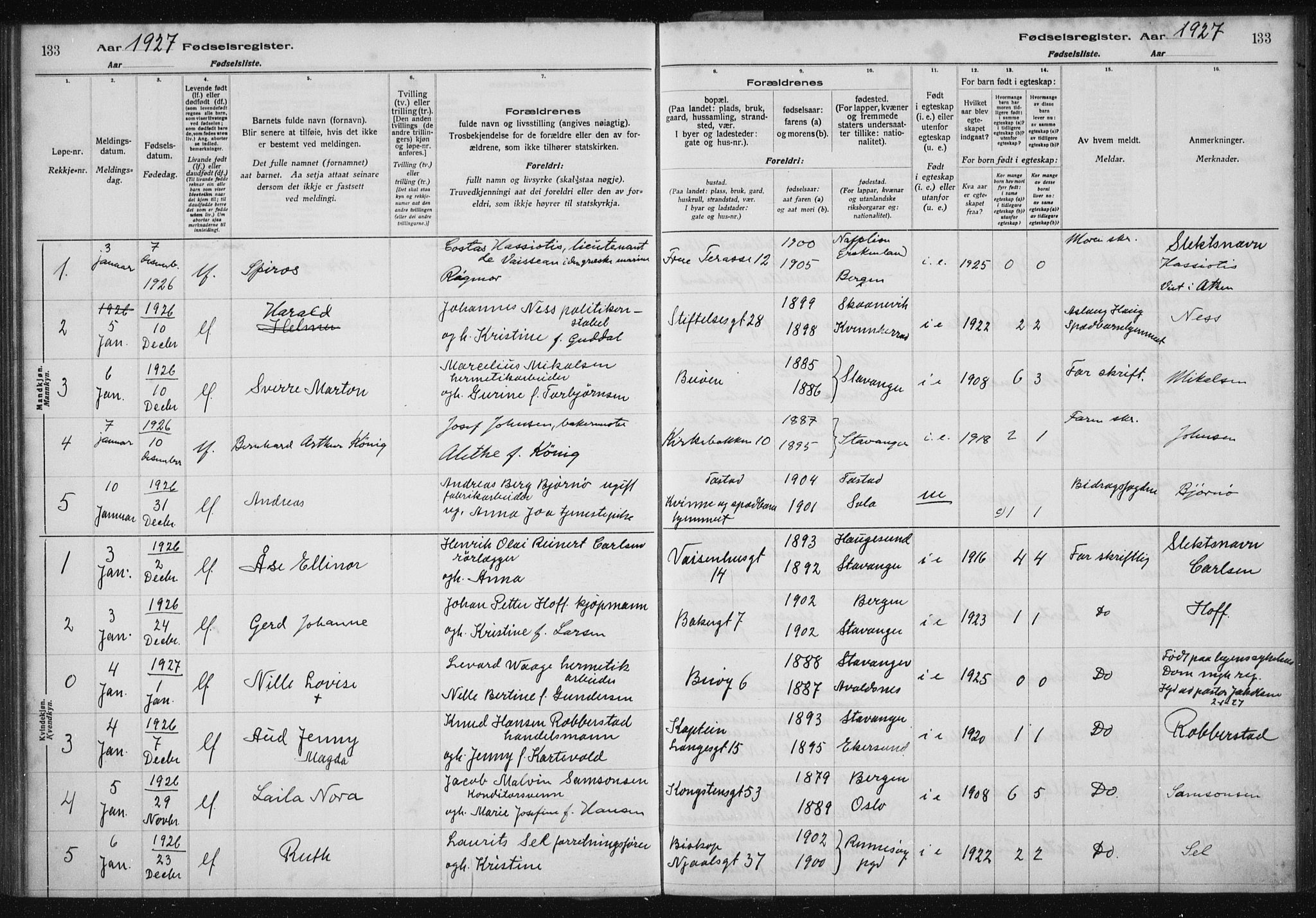 St. Petri sokneprestkontor, AV/SAST-A-101813/002/A/L0002: Fødselsregister nr. 2, 1922-1929, s. 133