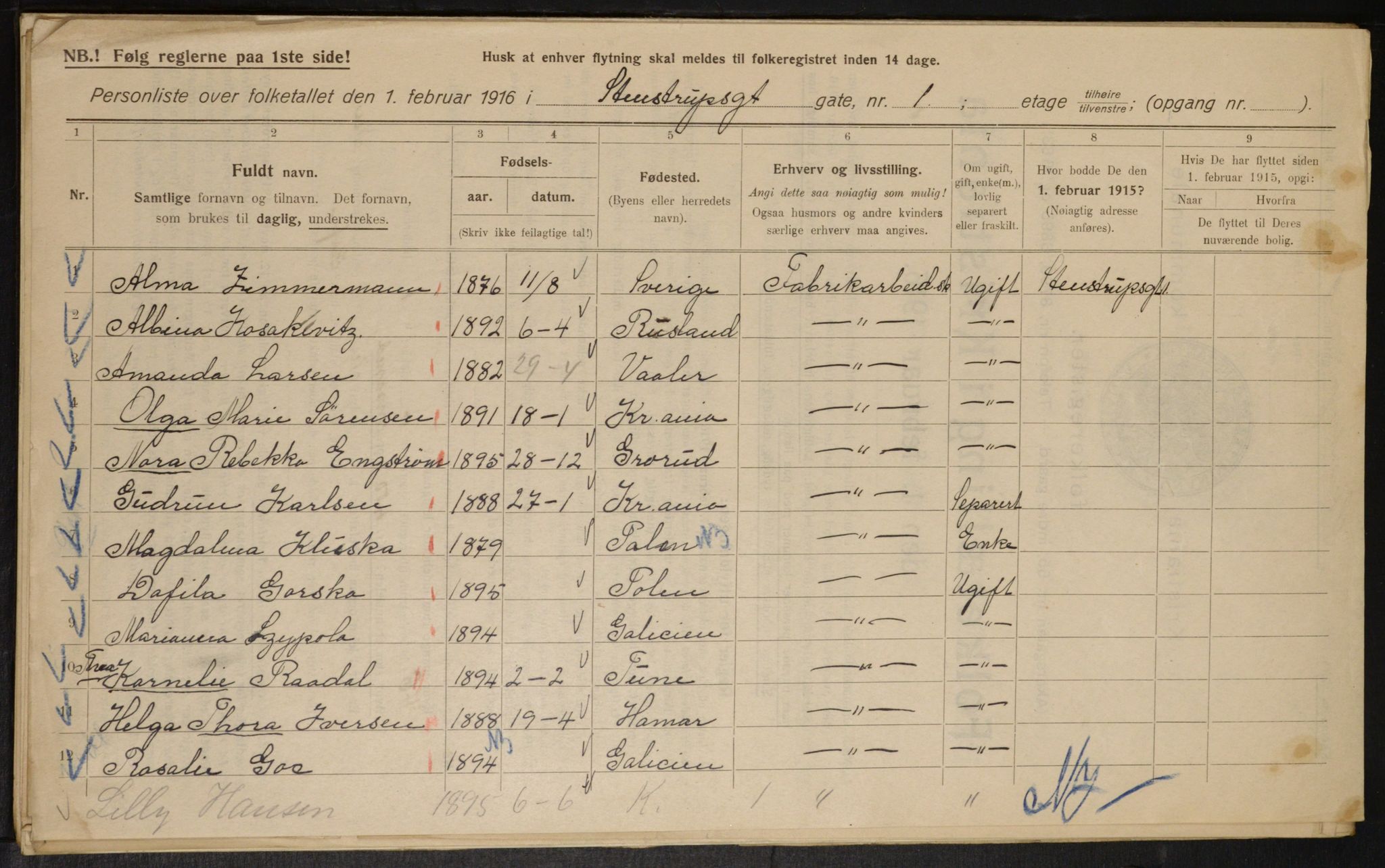 OBA, Kommunal folketelling 1.2.1916 for Kristiania, 1916, s. 103502