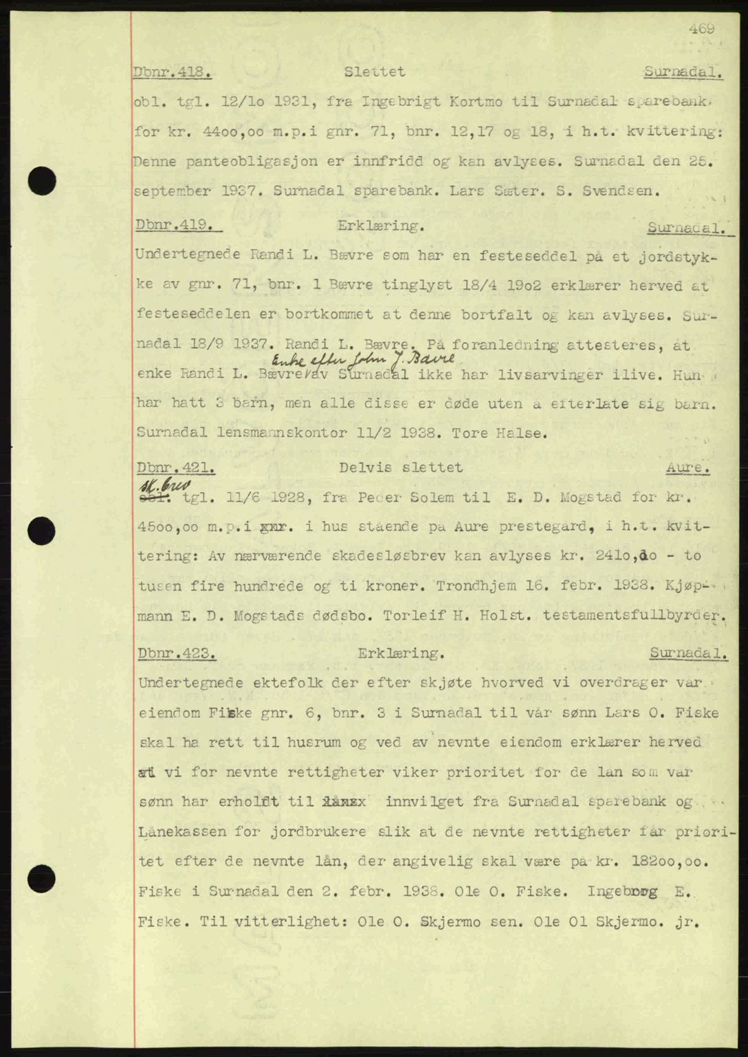 Nordmøre sorenskriveri, SAT/A-4132/1/2/2Ca: Pantebok nr. C80, 1936-1939, Dagboknr: 418/1938