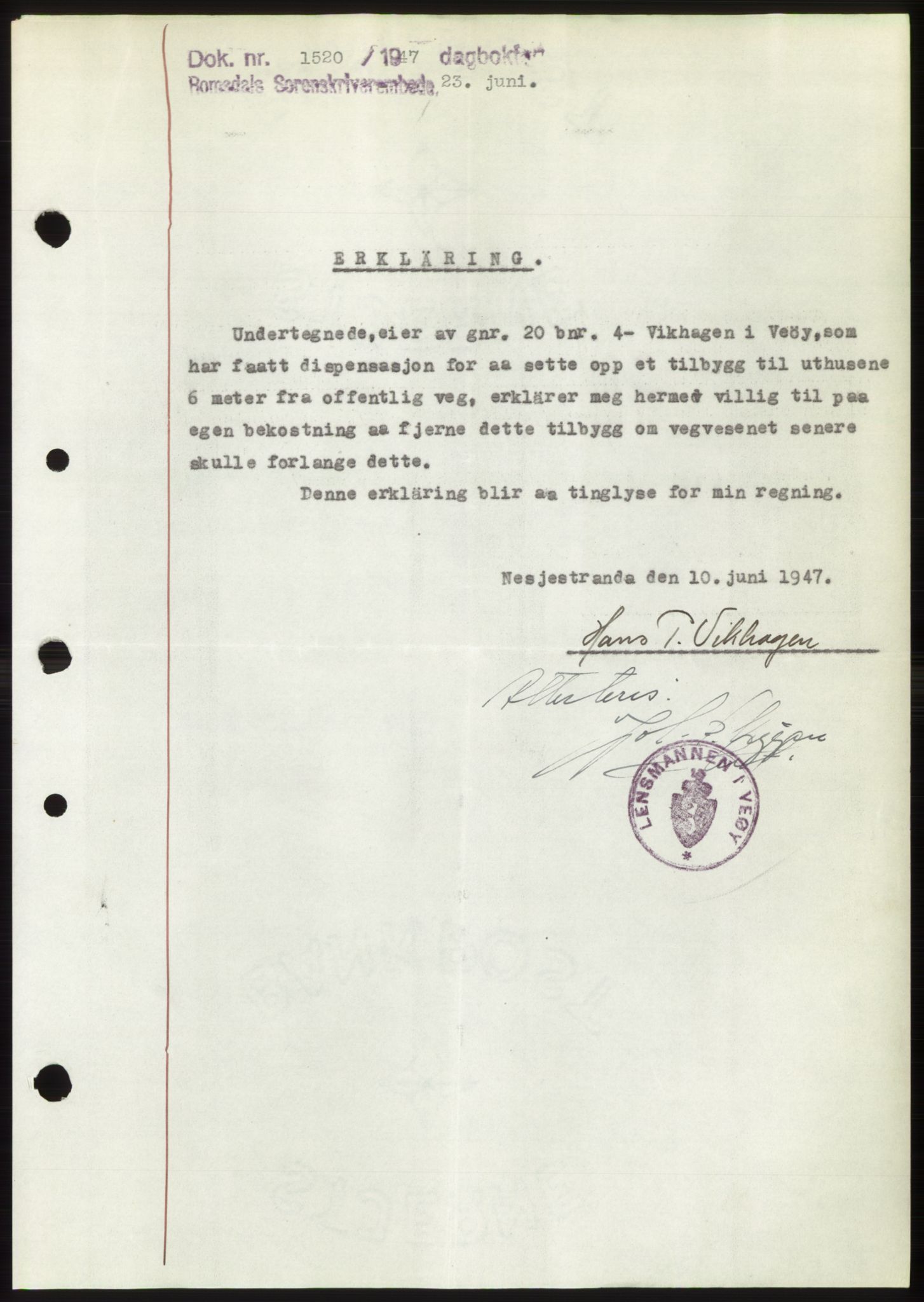 Romsdal sorenskriveri, SAT/A-4149/1/2/2C: Pantebok nr. B3, 1946-1948, Dagboknr: 1520/1947