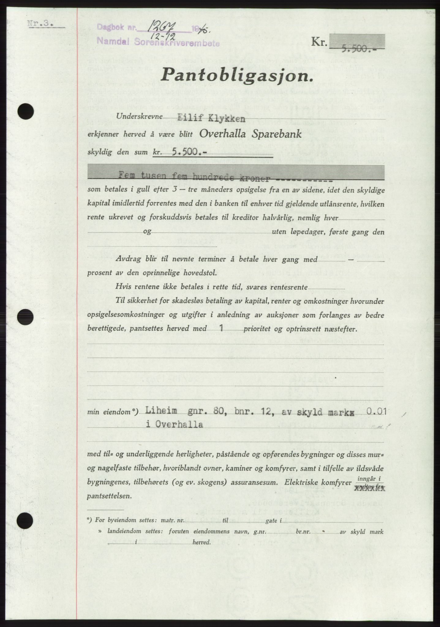 Namdal sorenskriveri, SAT/A-4133/1/2/2C: Pantebok nr. -, 1944-1945, Dagboknr: 1267/1945
