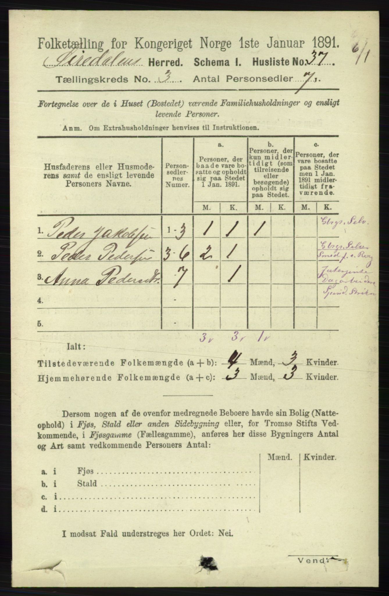 RA, Folketelling 1891 for 1046 Sirdal herred, 1891, s. 657